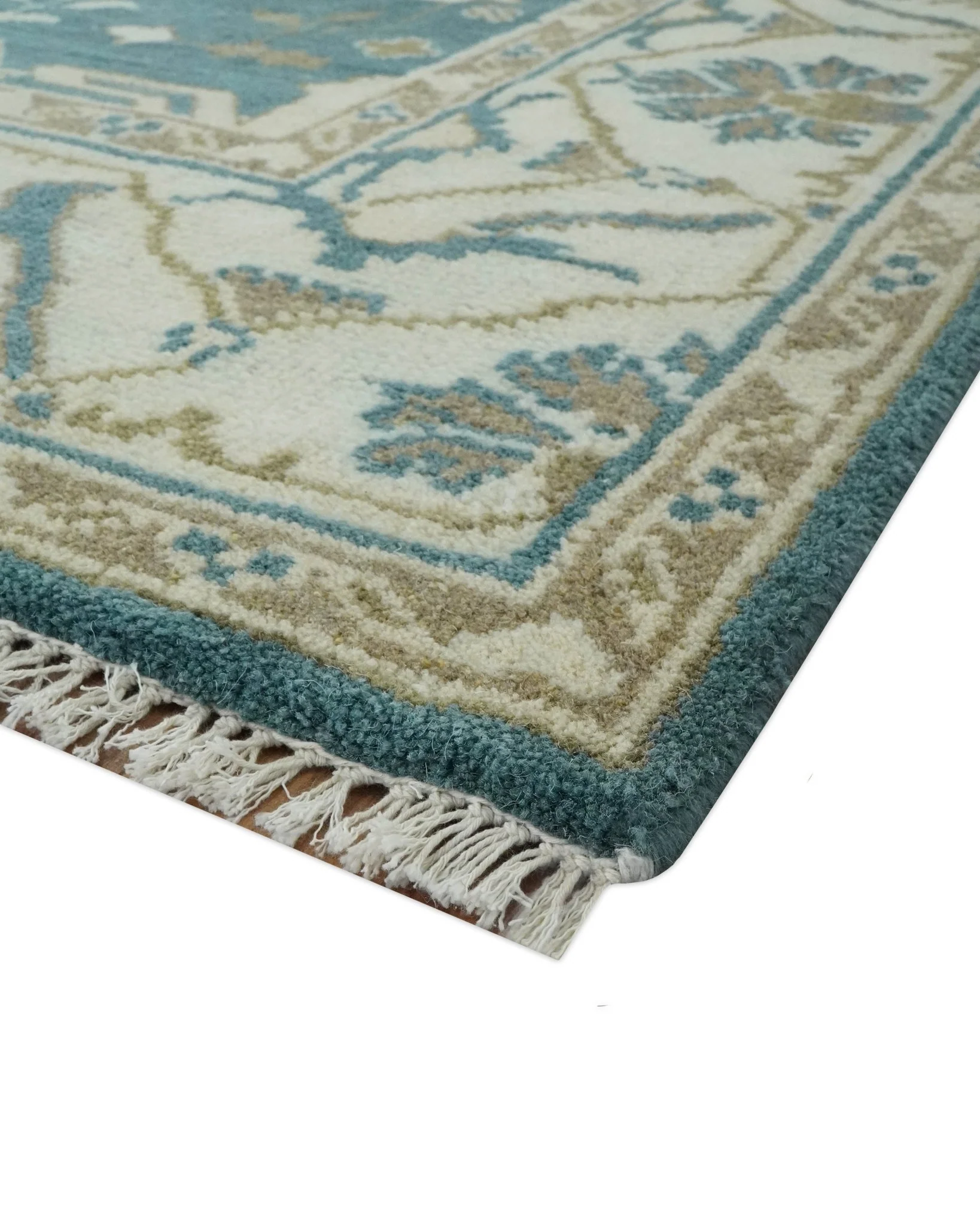 Teal, Ivory and Olive 6x9 Hand Knotted Oriental Oushak wool area rug - Image 5