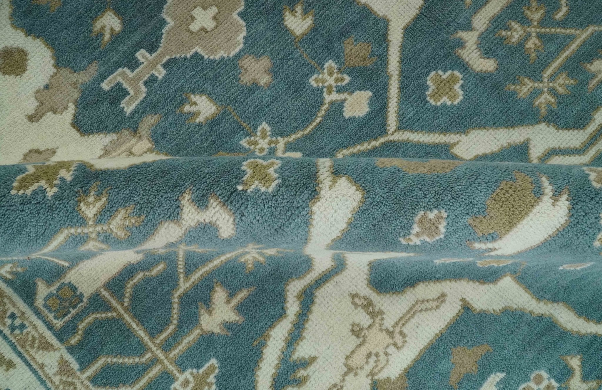 Teal, Ivory and Olive 6x9 Hand Knotted Oriental Oushak wool area rug - Image 6