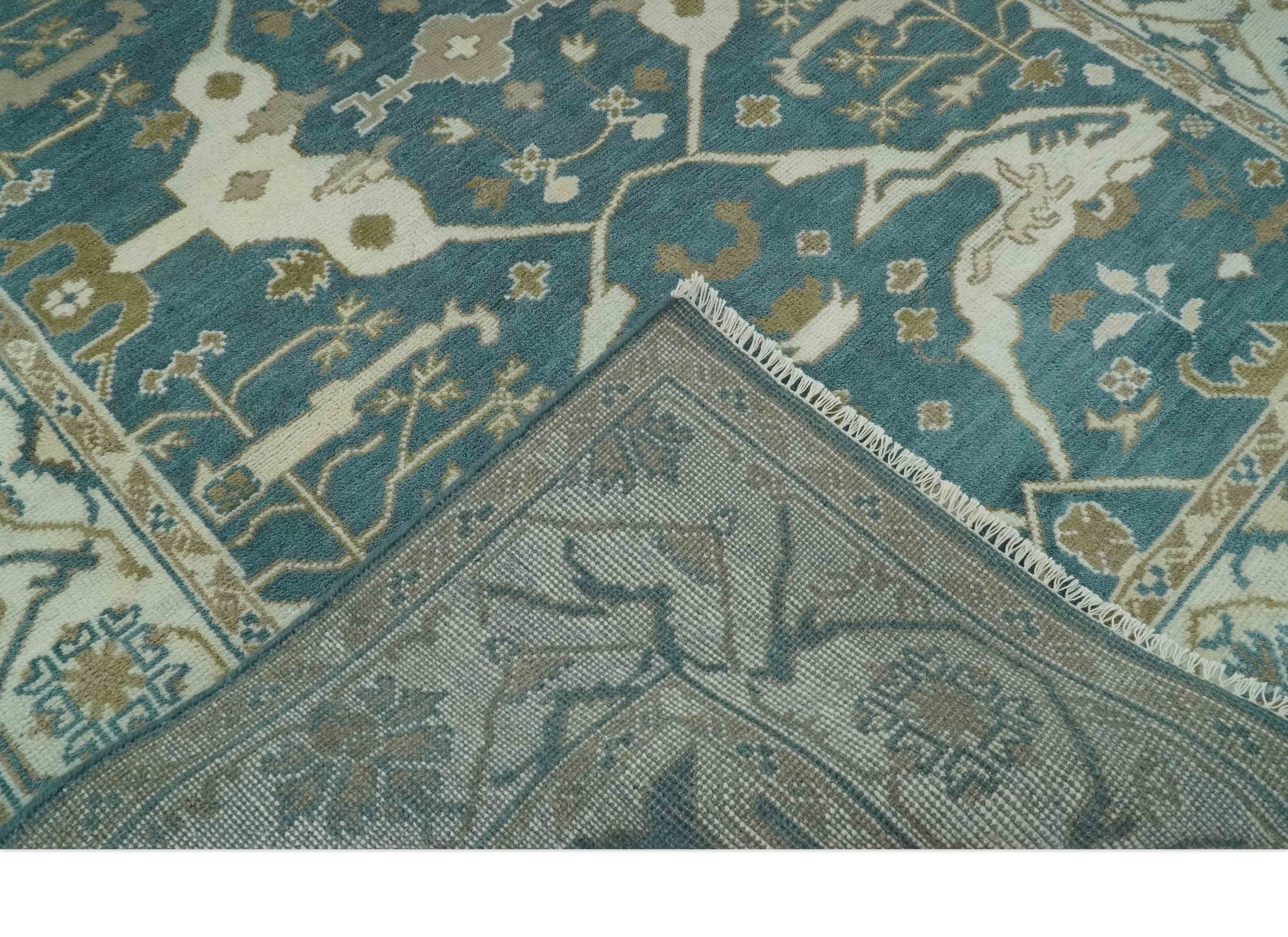 Teal, Ivory and Olive 6x9 Hand Knotted Oriental Oushak wool area rug - Image 7
