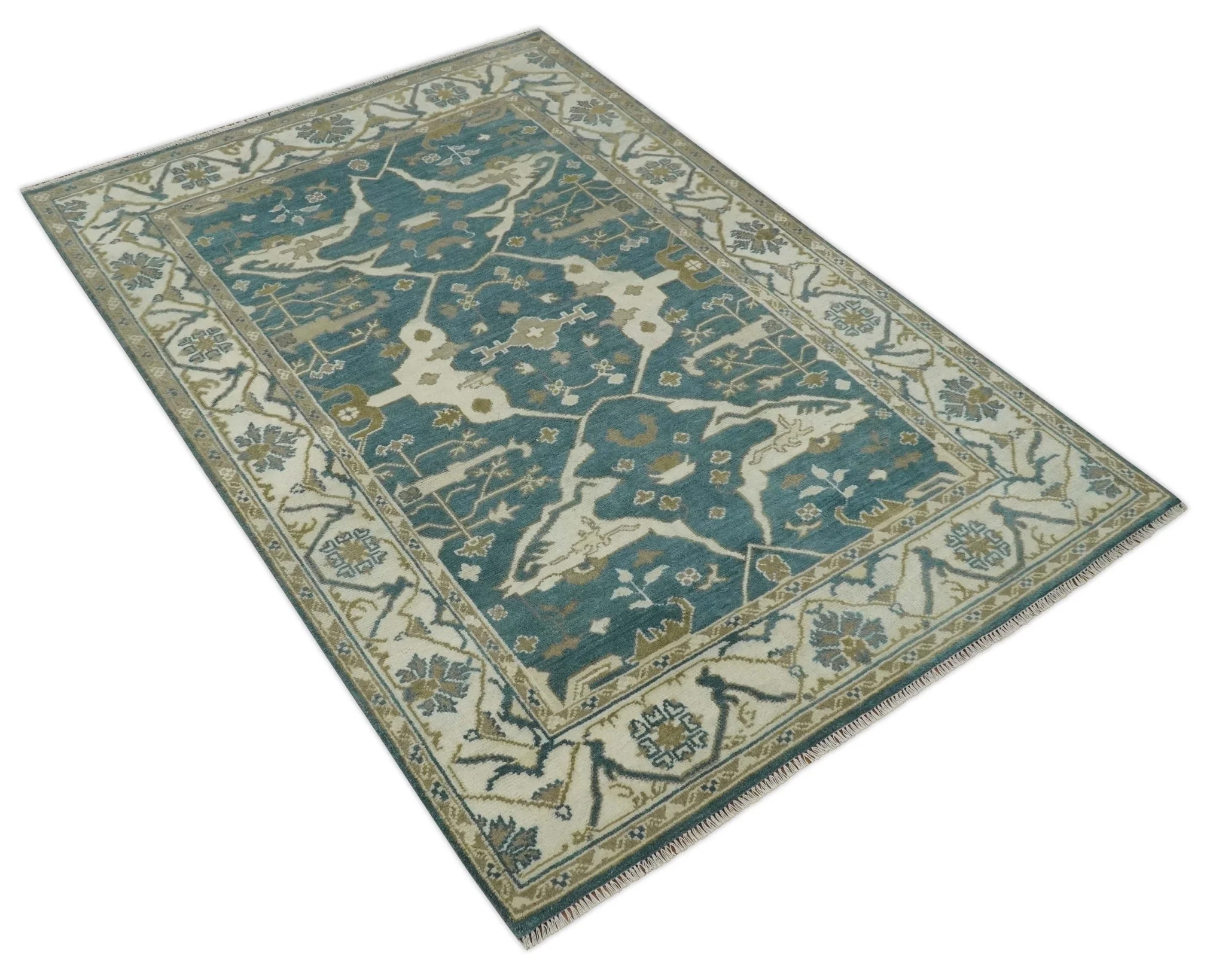 Teal, Ivory and Olive 6x9 Hand Knotted Oriental Oushak wool area rug - Image 8