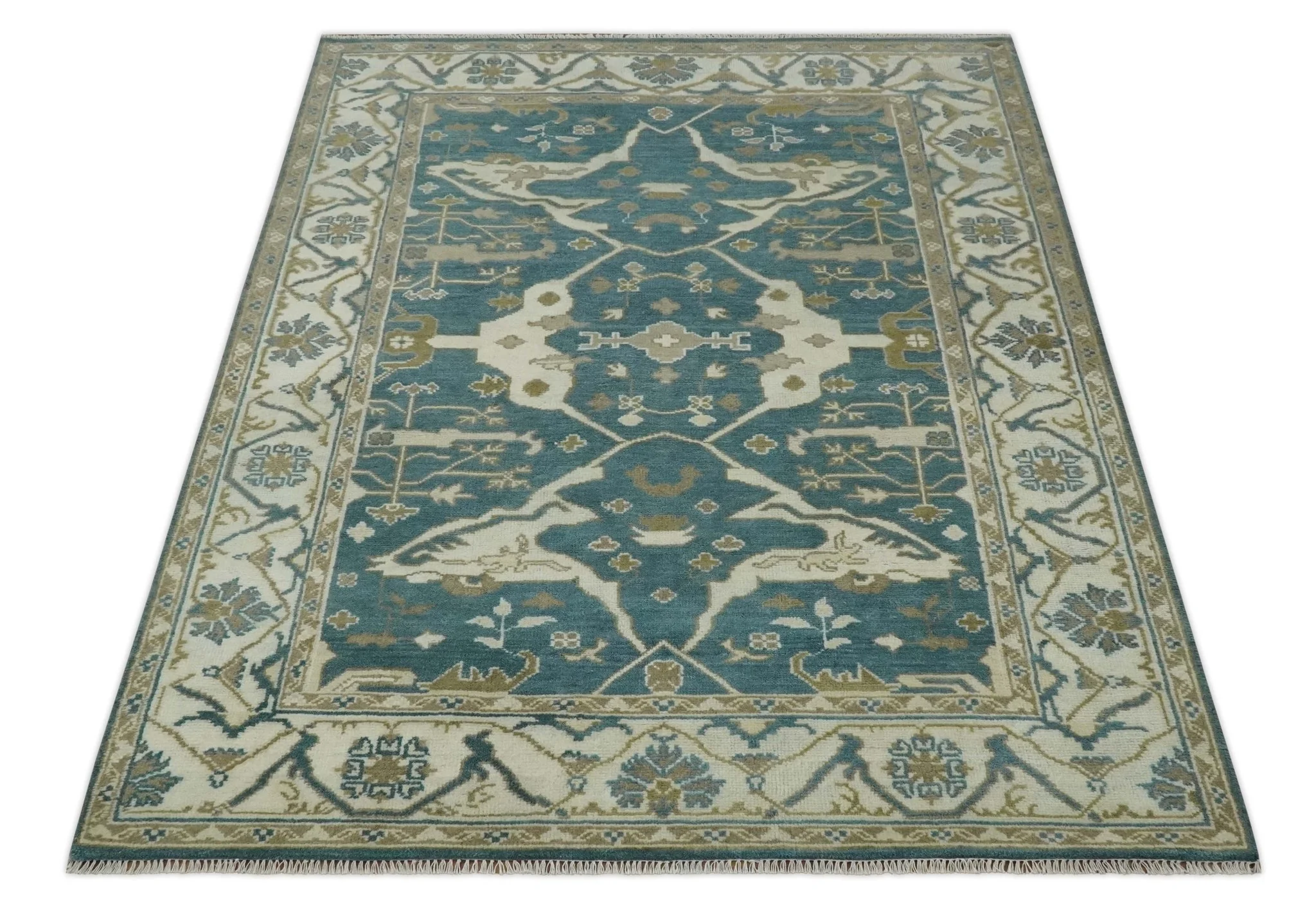 Teal, Ivory and Olive 6x9 Hand Knotted Oriental Oushak wool area rug - Image 9