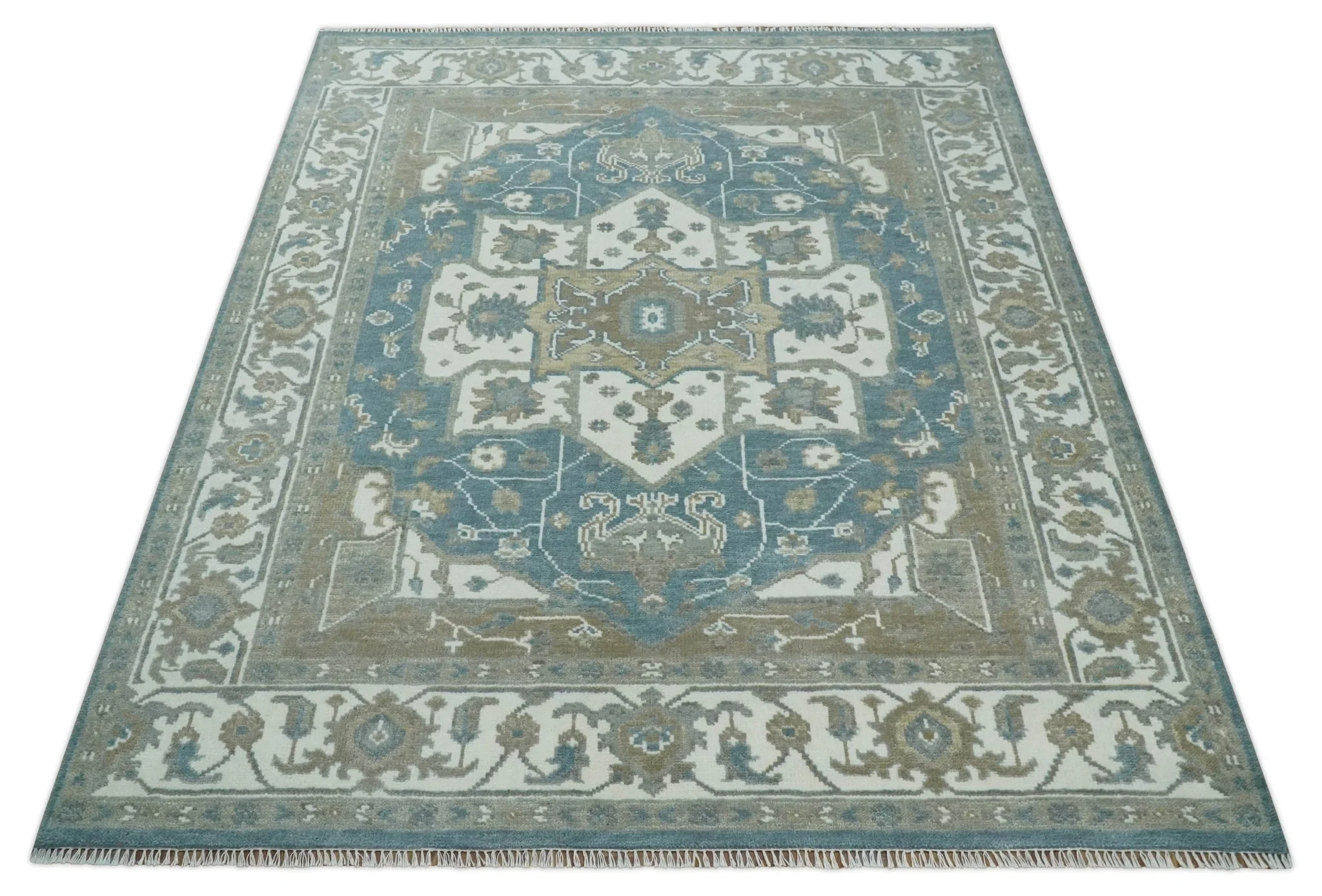 Teal, Ivory and Olive Hand Knotted Traditional Heriz Multi Size Wool Area Rug - Image 10