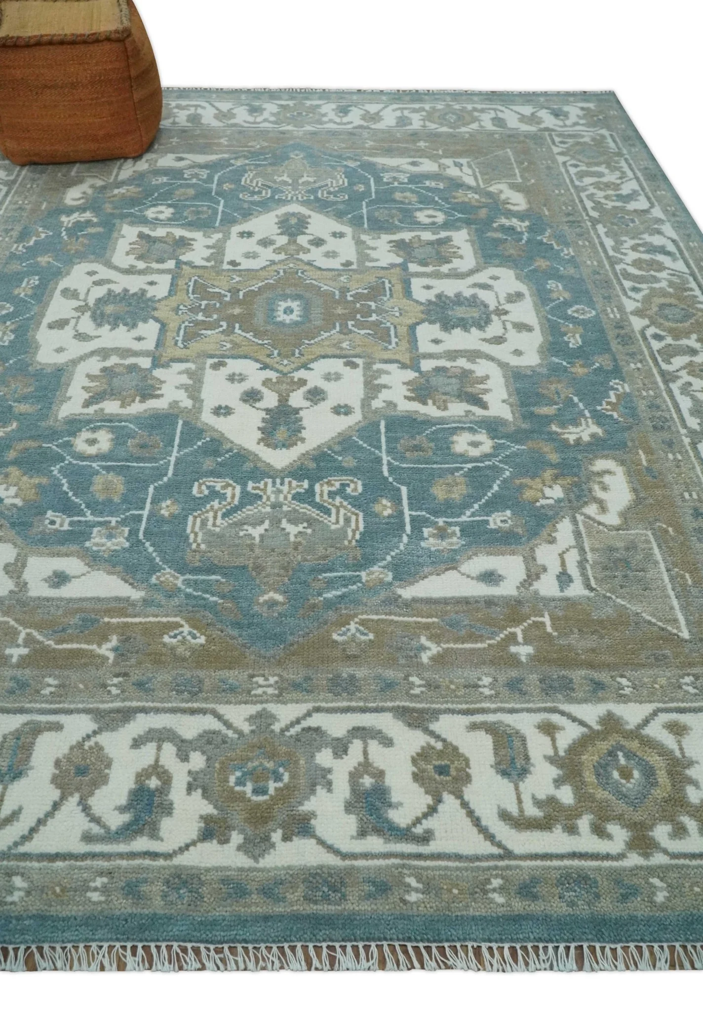 Teal, Ivory and Olive Hand Knotted Traditional Heriz Multi Size Wool Area Rug - Image 3