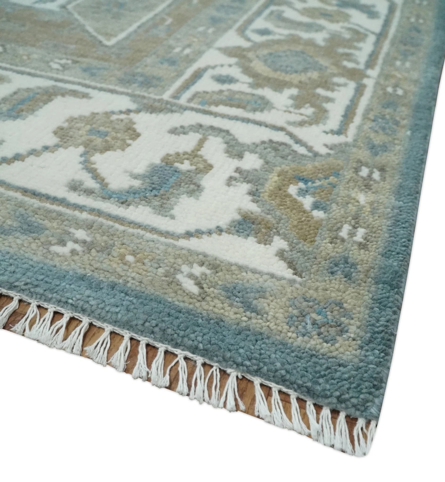 Teal, Ivory and Olive Hand Knotted Traditional Heriz Multi Size Wool Area Rug - Image 5