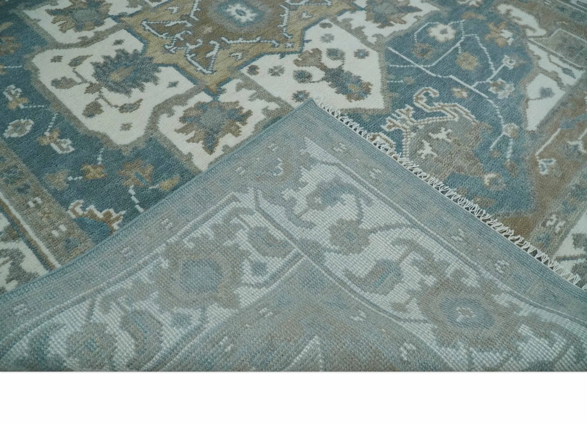 Teal, Ivory and Olive Hand Knotted Traditional Heriz Multi Size Wool Area Rug - Image 7