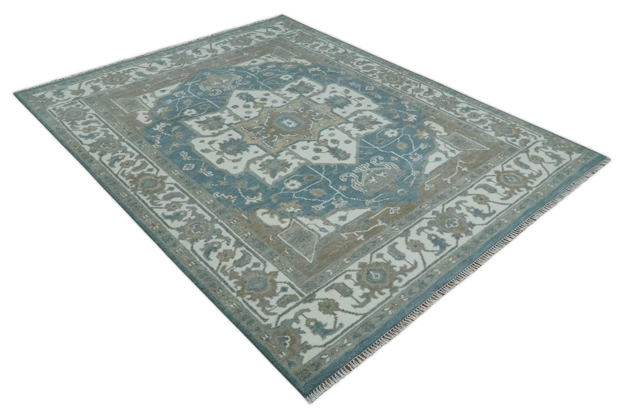 Teal, Ivory and Olive Hand Knotted Traditional Heriz Multi Size Wool Area Rug - Image 9