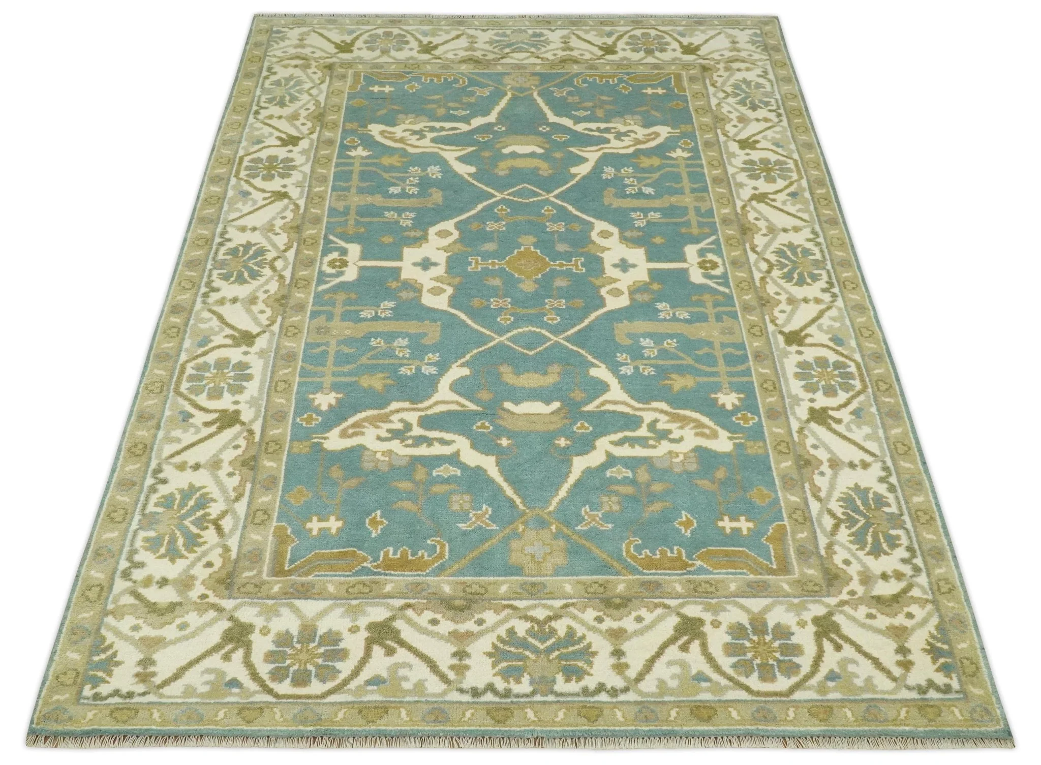 Custom Made Hand Knotted Teal, Ivory and Olive Oriental Oushak wool area rug - Image 10
