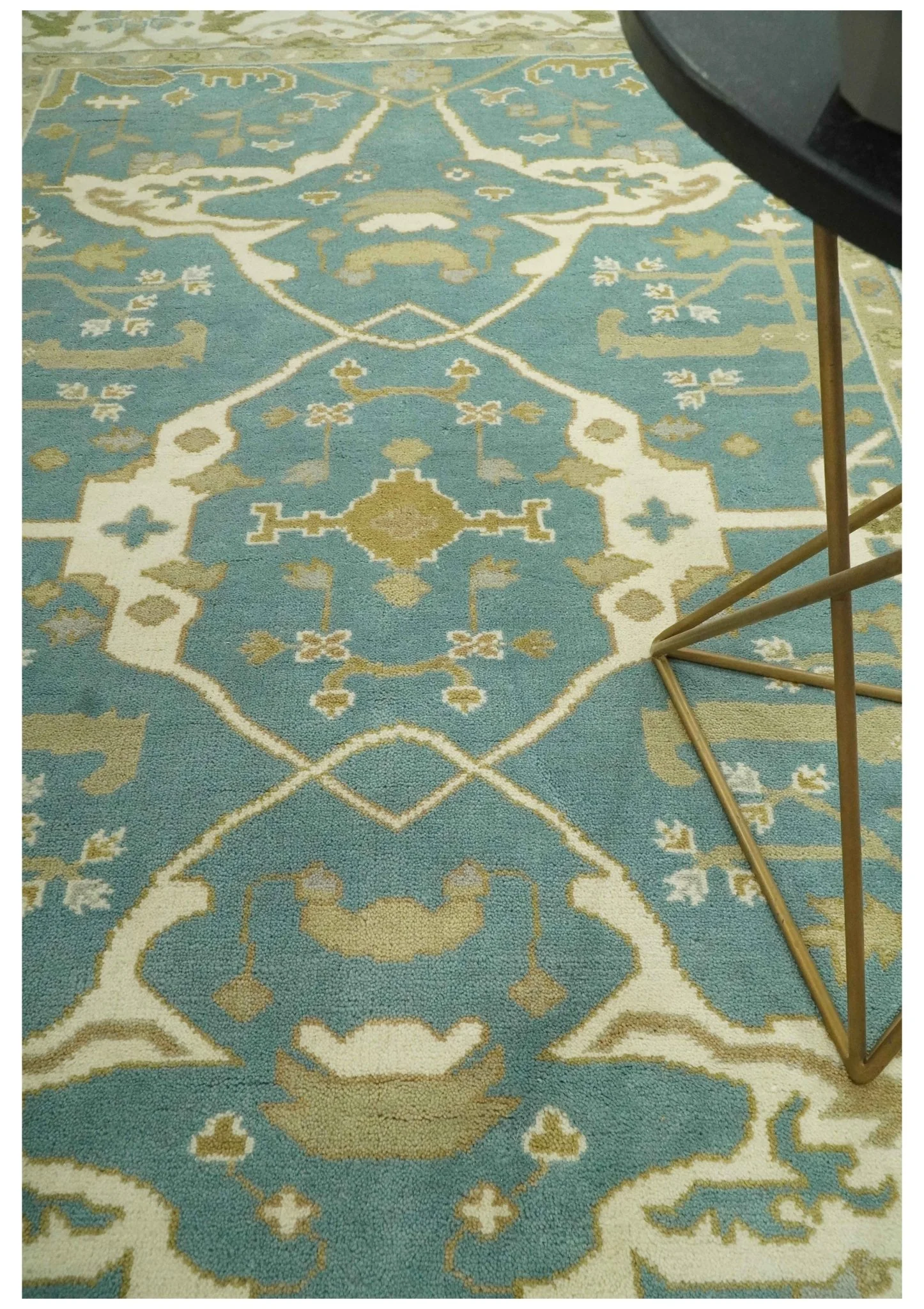 Custom Made Hand Knotted Teal, Ivory and Olive Oriental Oushak wool area rug - Image 2