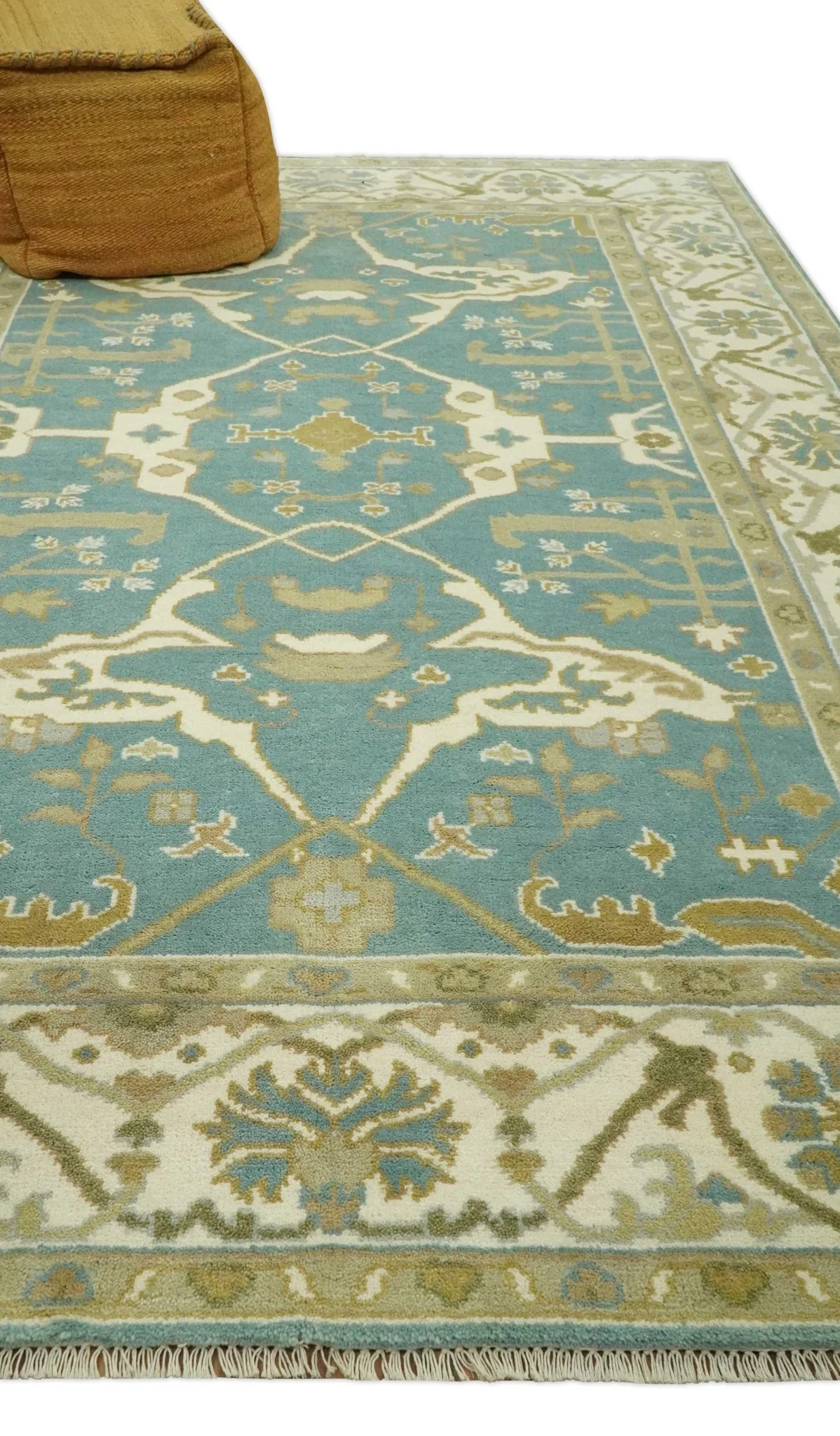Custom Made Hand Knotted Teal, Ivory and Olive Oriental Oushak wool area rug - Image 3