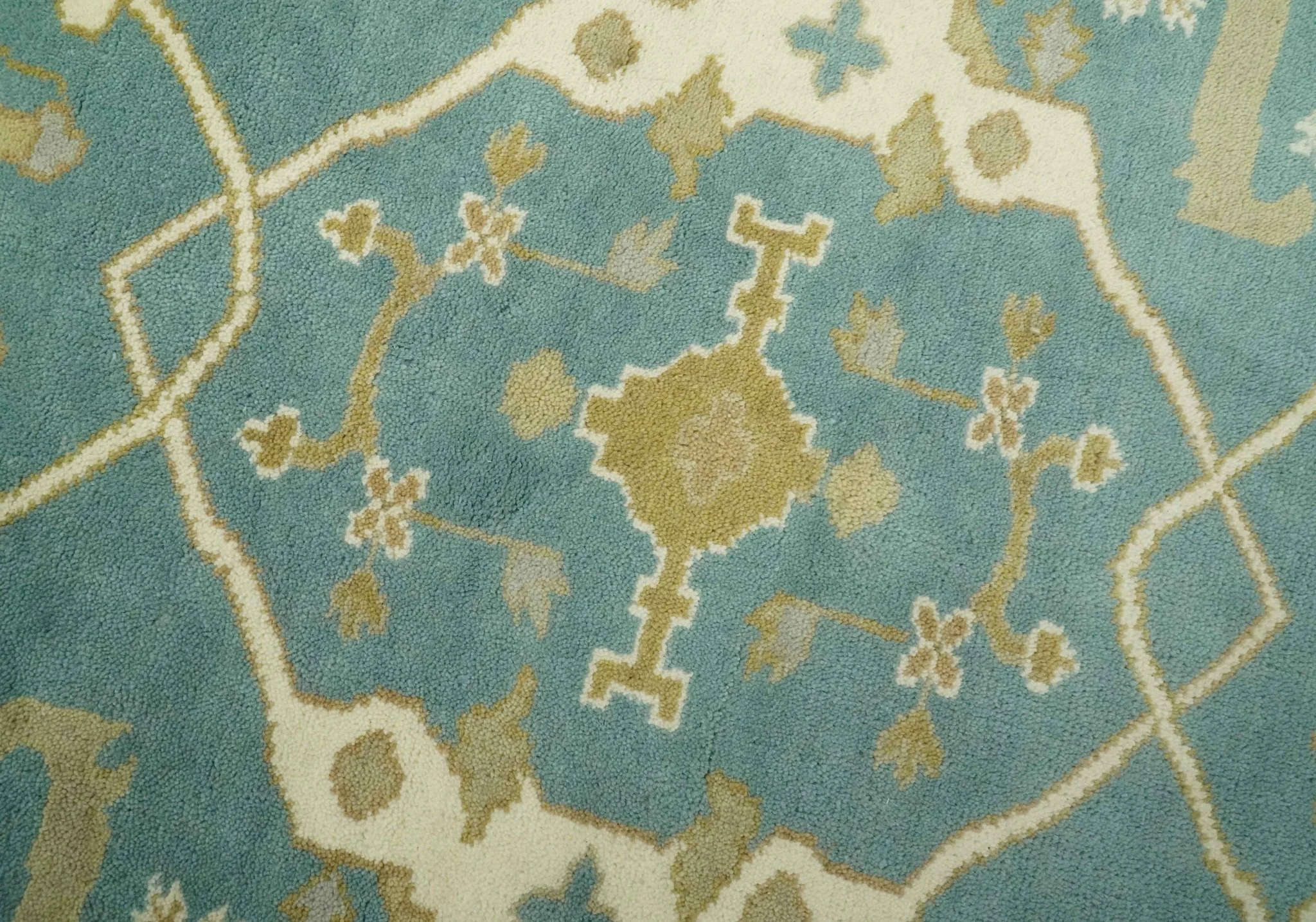 Custom Made Hand Knotted Teal, Ivory and Olive Oriental Oushak wool area rug - Image 4