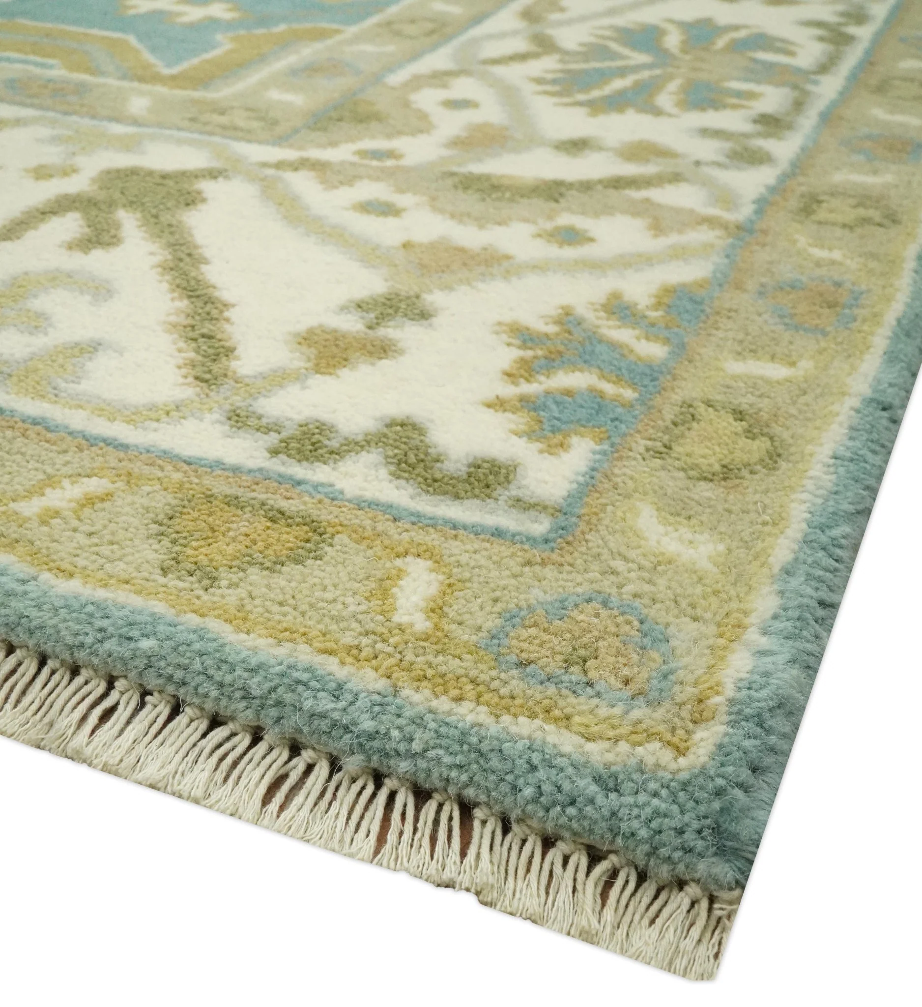 Custom Made Hand Knotted Teal, Ivory and Olive Oriental Oushak wool area rug - Image 5