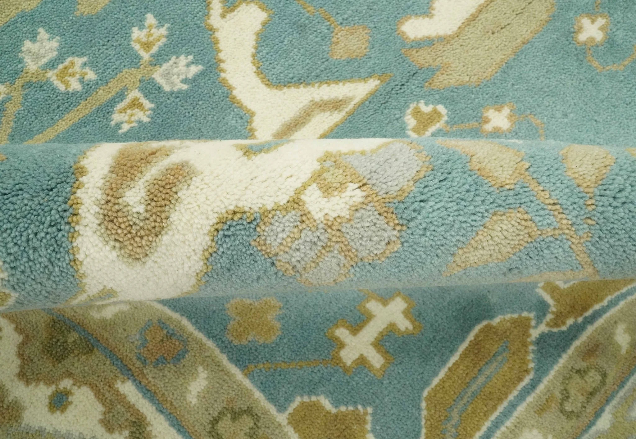 Custom Made Hand Knotted Teal, Ivory and Olive Oriental Oushak wool area rug - Image 6