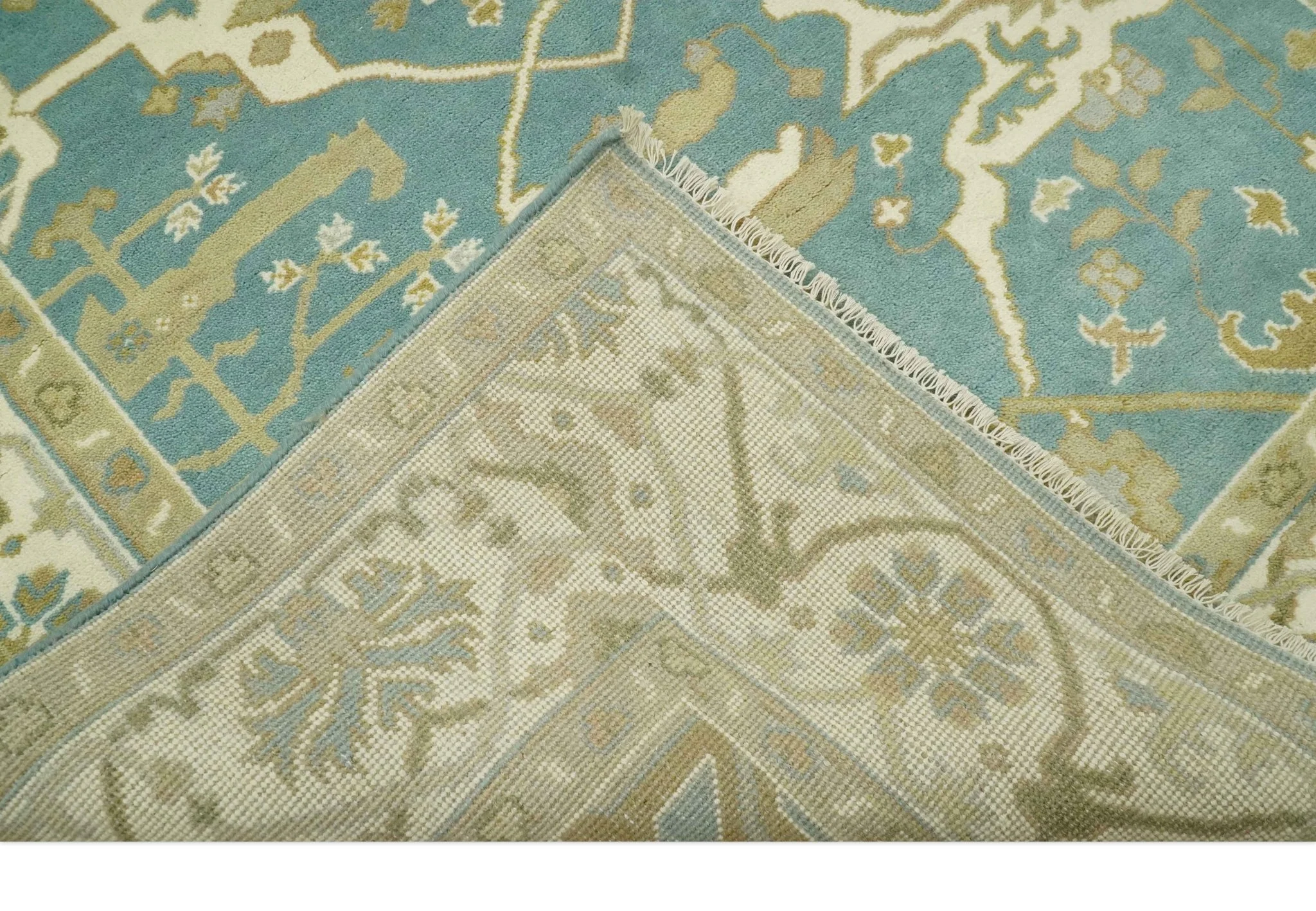 Custom Made Hand Knotted Teal, Ivory and Olive Oriental Oushak wool area rug - Image 7