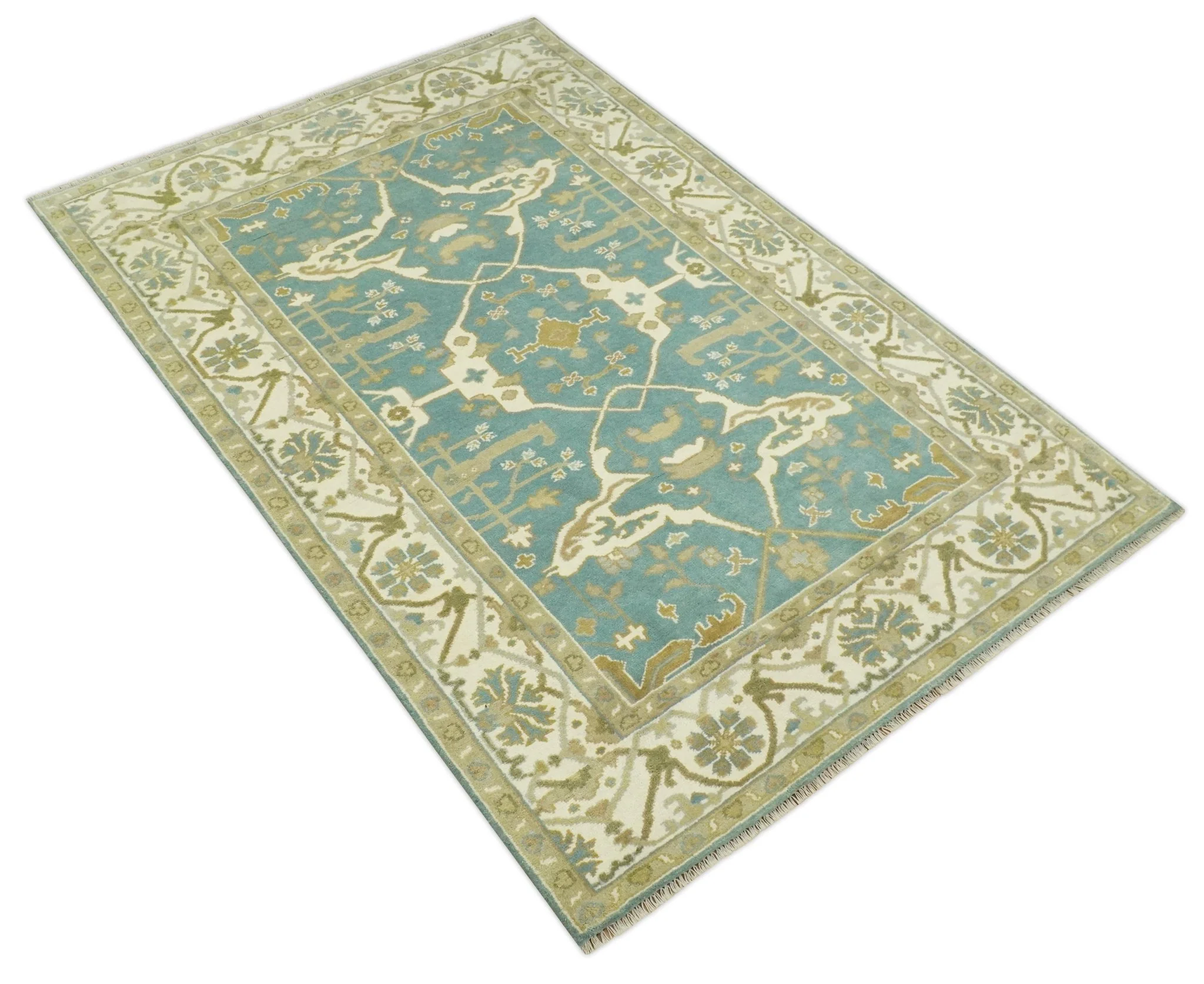 Custom Made Hand Knotted Teal, Ivory and Olive Oriental Oushak wool area rug - Image 9