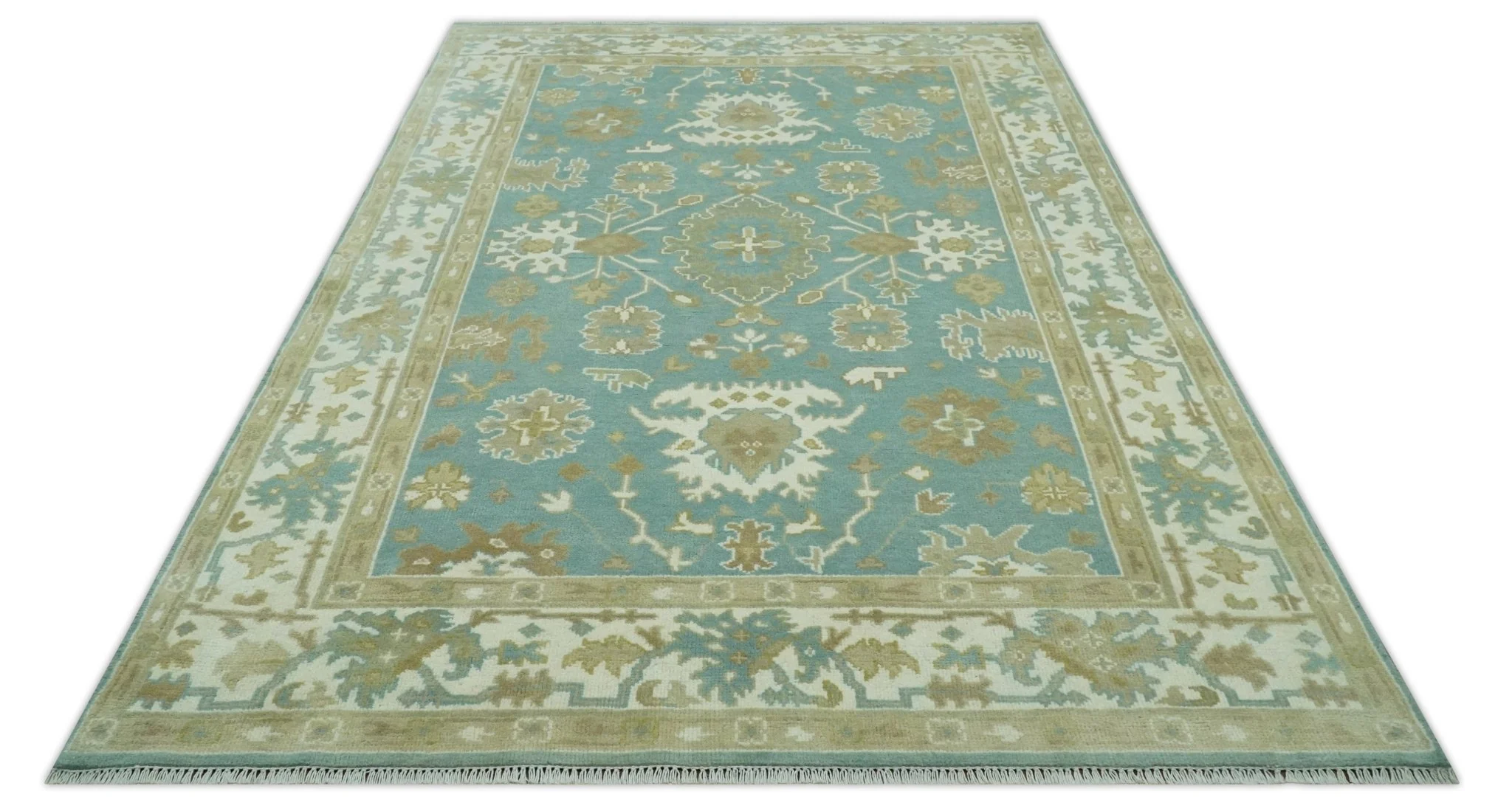 Hand Knotted Teal, Ivory and Beige Traditional Oriental Oushak Multi Size wool rug - Image 10
