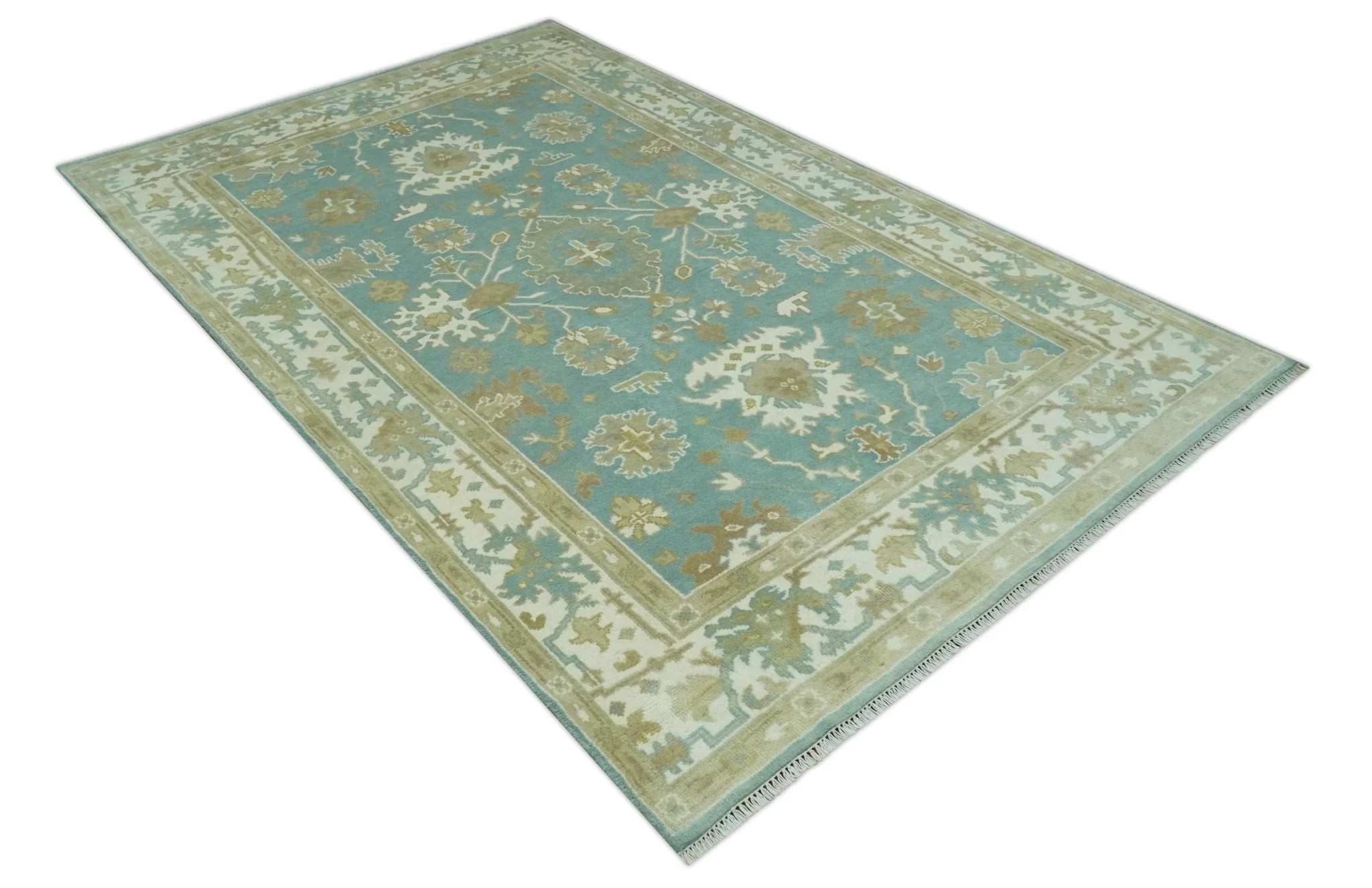 Hand Knotted Teal, Ivory and Beige Traditional Oriental Oushak Multi Size wool rug - Image 9