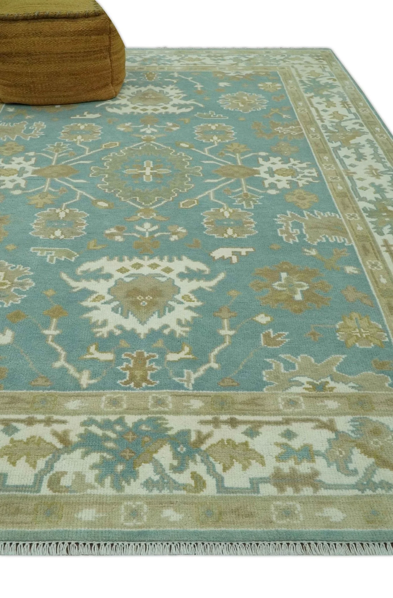 Hand Knotted 6x9 Teal, Ivory and Beige Traditional Oriental Oushak wool rug - Image 3