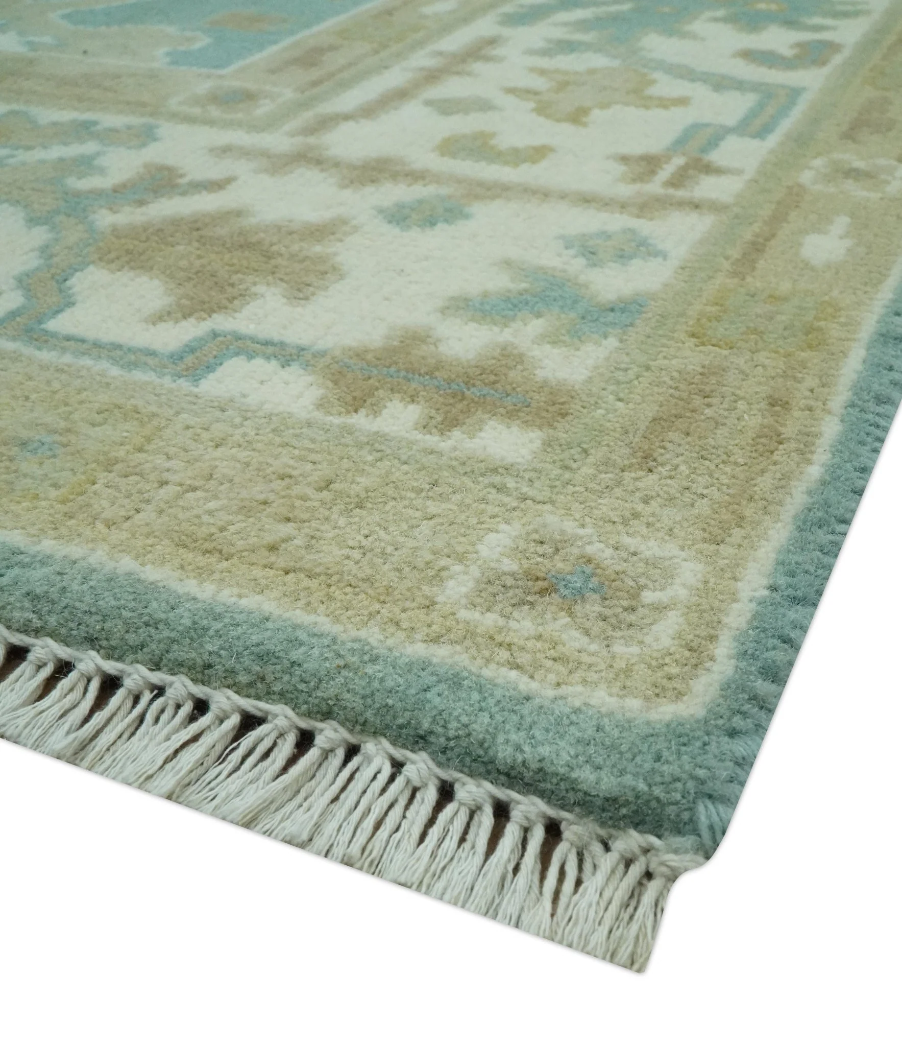 Hand Knotted 6x9 Teal, Ivory and Beige Traditional Oriental Oushak wool rug - Image 5