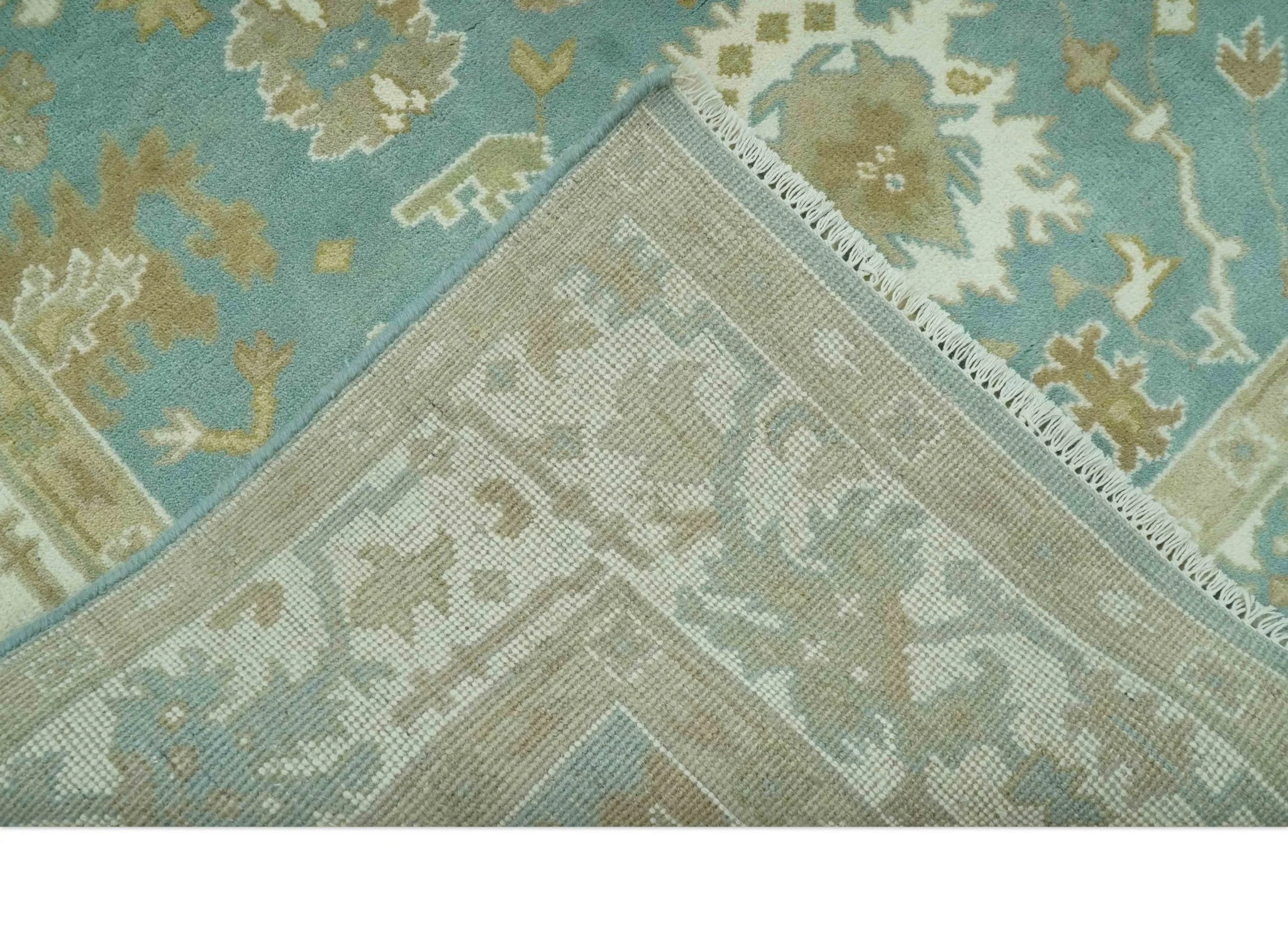 Hand Knotted 6x9 Teal, Ivory and Beige Traditional Oriental Oushak wool rug - Image 7