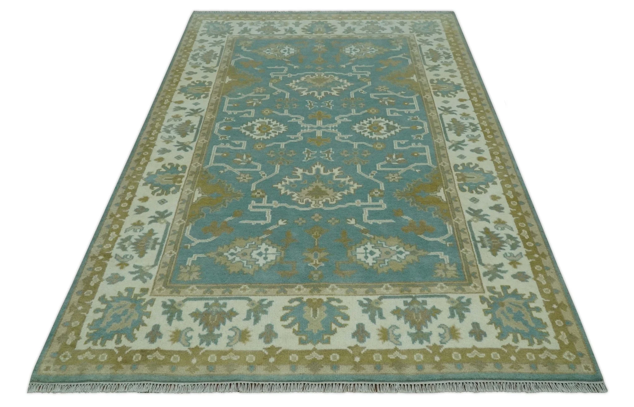 Custom Made Teal, Ivory and Olive Hand Knotted Traditional Oriental Oushak wool rug - Image 10