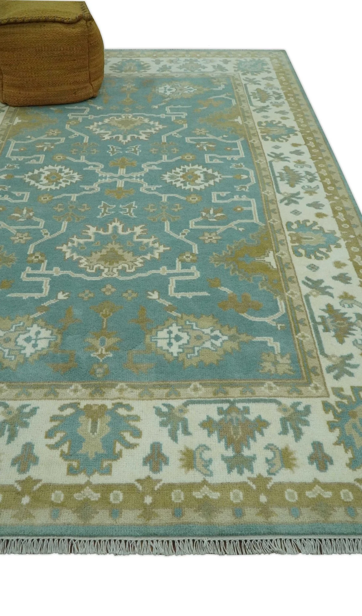 Custom Made Teal, Ivory and Olive Hand Knotted Traditional Oriental Oushak wool rug - Image 3