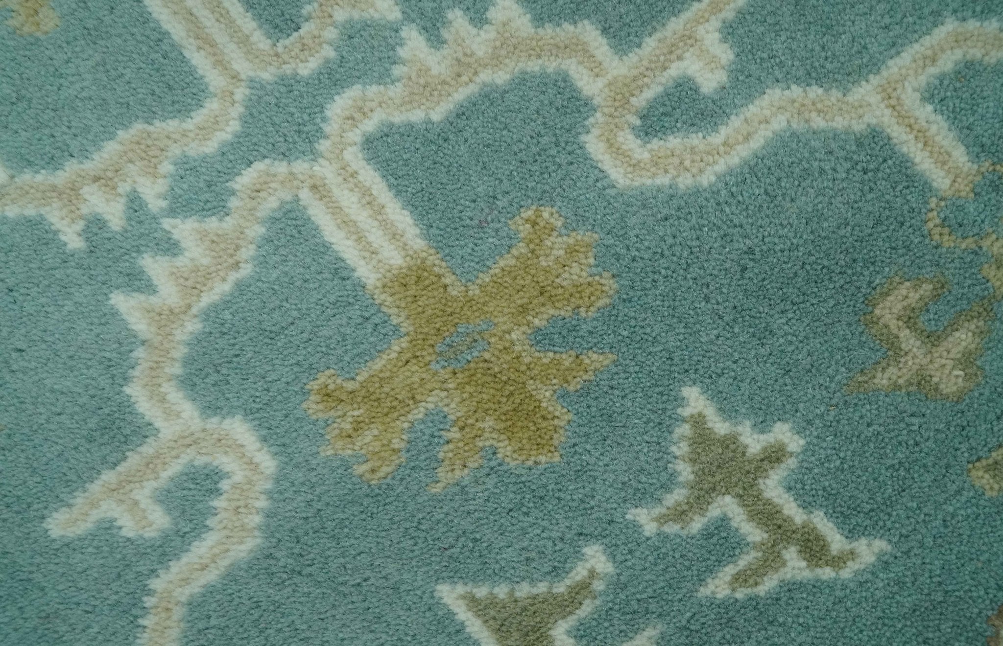 Custom Made Teal, Ivory and Olive Hand Knotted Traditional Oriental Oushak wool rug - Image 4
