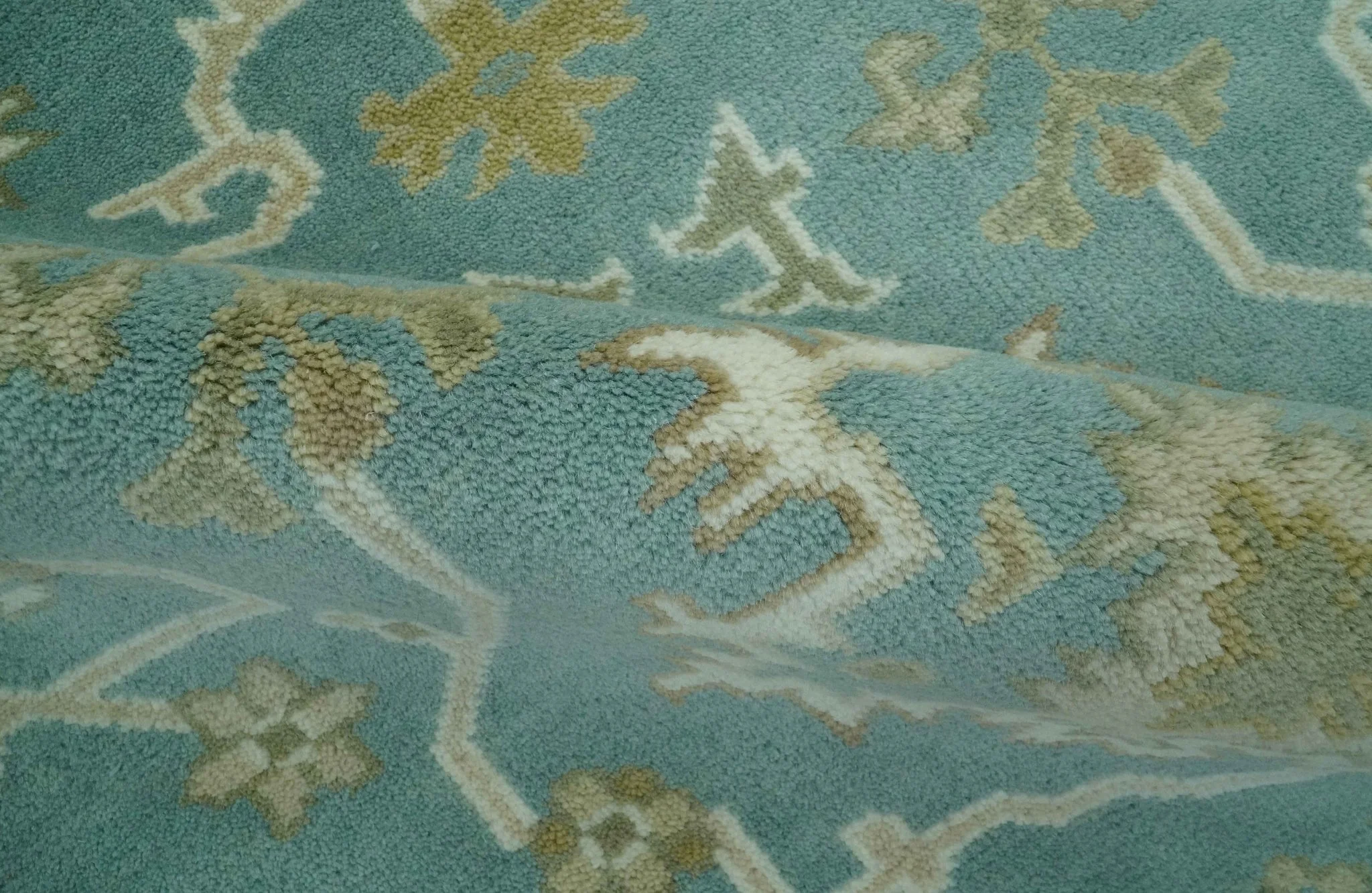 Custom Made Teal, Ivory and Olive Hand Knotted Traditional Oriental Oushak wool rug - Image 6