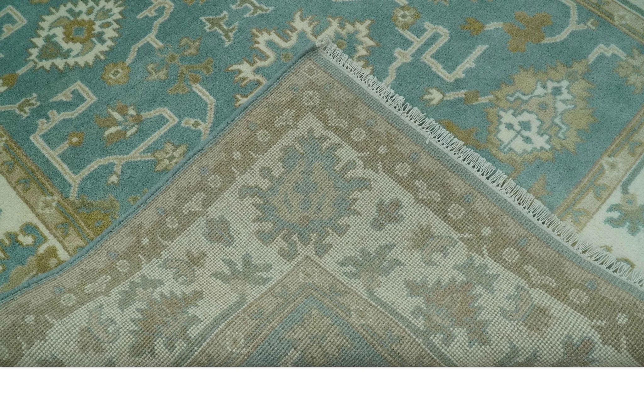 Custom Made Teal, Ivory and Olive Hand Knotted Traditional Oriental Oushak wool rug - Image 7
