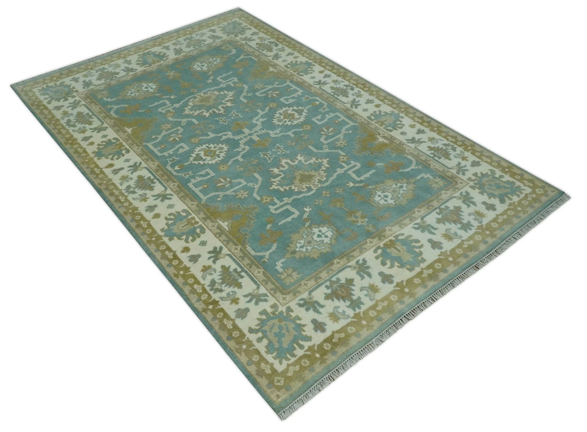 Custom Made Teal, Ivory and Olive Hand Knotted Traditional Oriental Oushak wool rug - Image 9