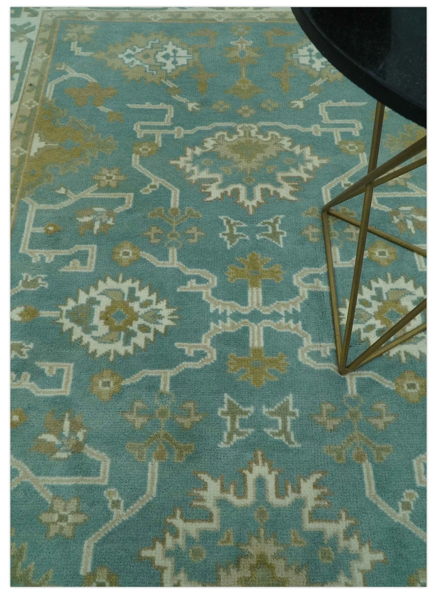 Teal, Ivory and Olive Hand Knotted 6x9 Traditional Oriental Oushak wool rug - Image 2