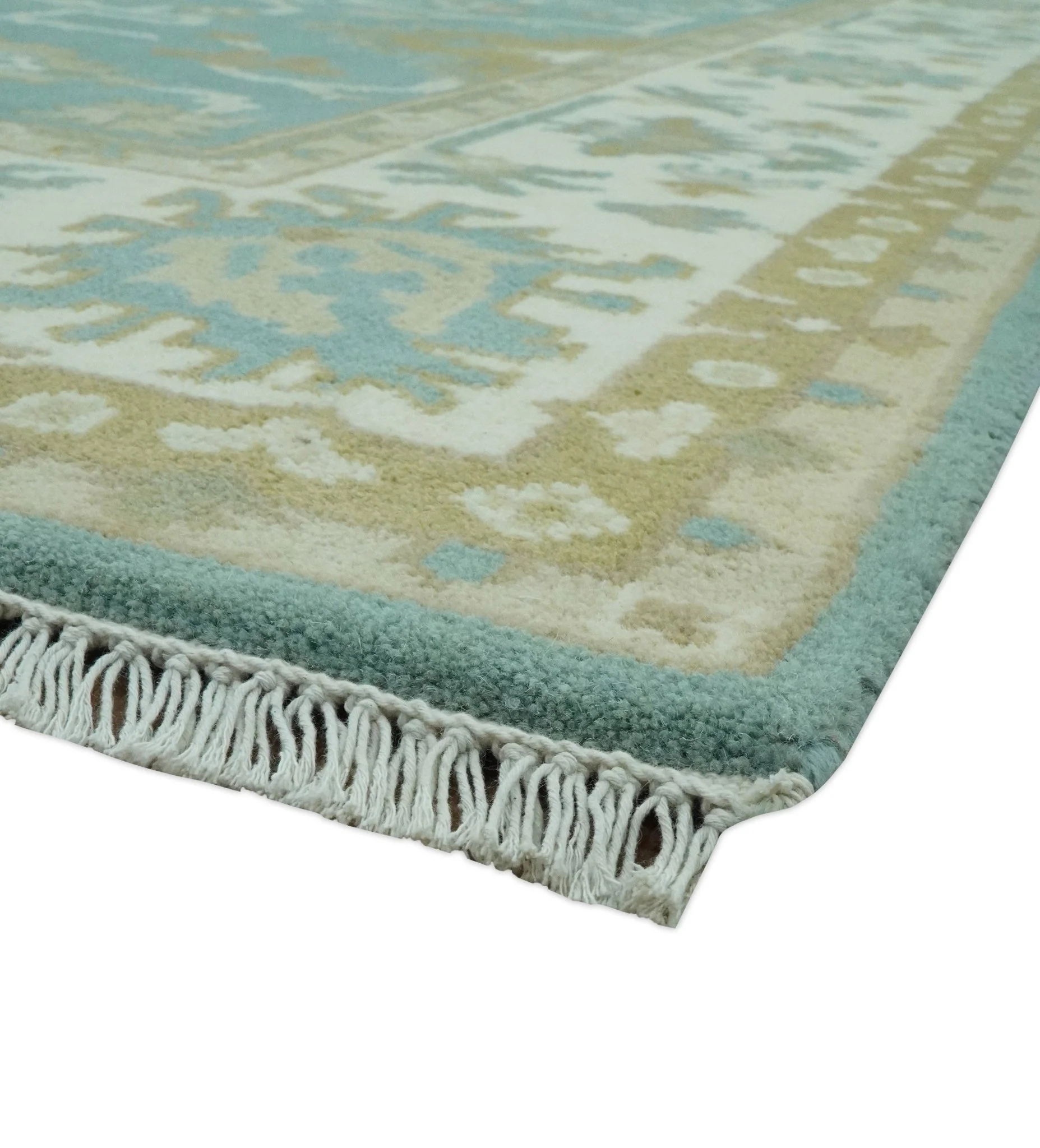 Teal, Ivory and Olive Hand Knotted 6x9 Traditional Oriental Oushak wool rug - Image 5