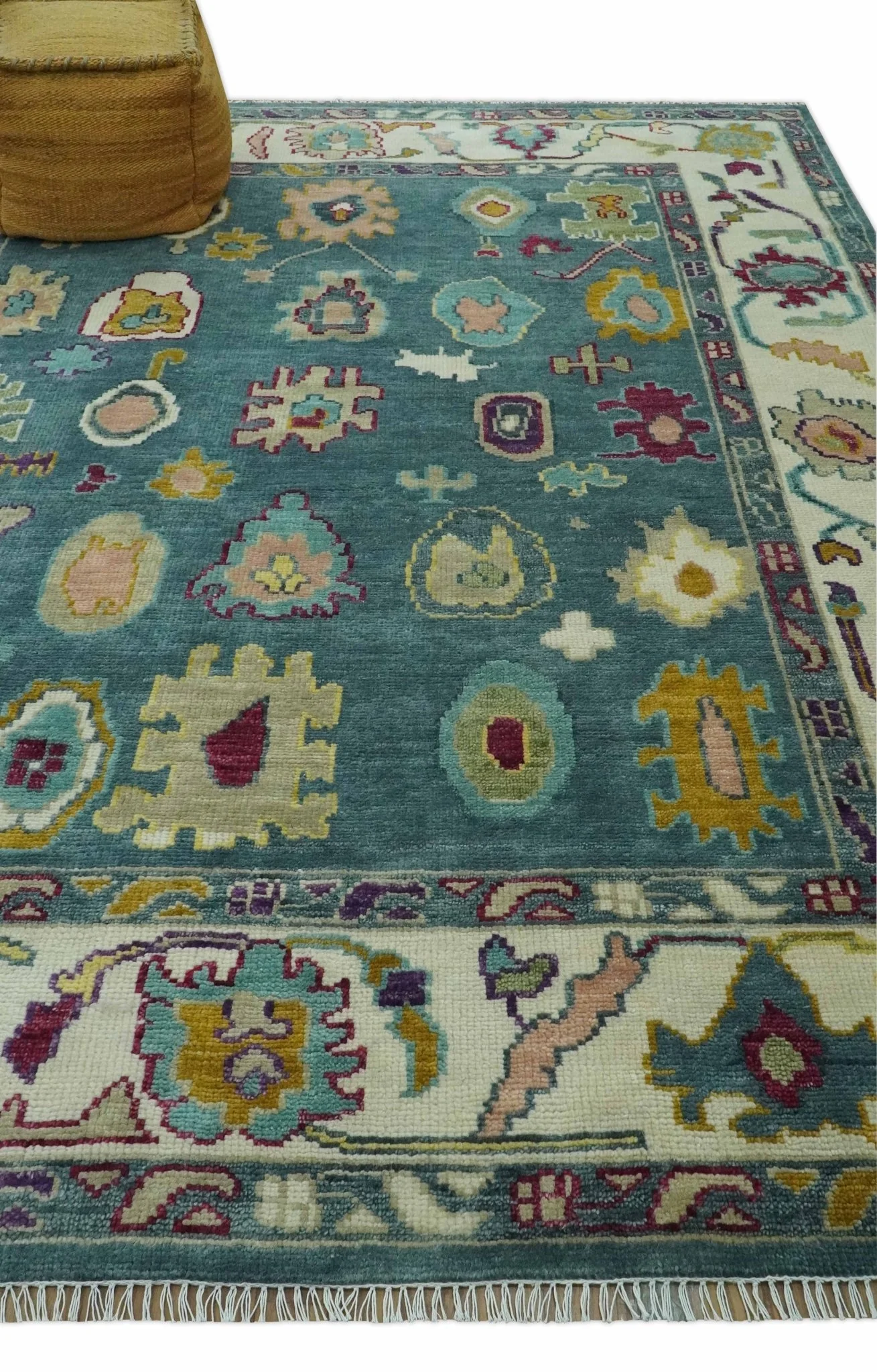 Colorful Teal, Ivory, Purple and Mustard Hand Knotted Traditional Oushak 8x10 wool Area Rug - Image 10