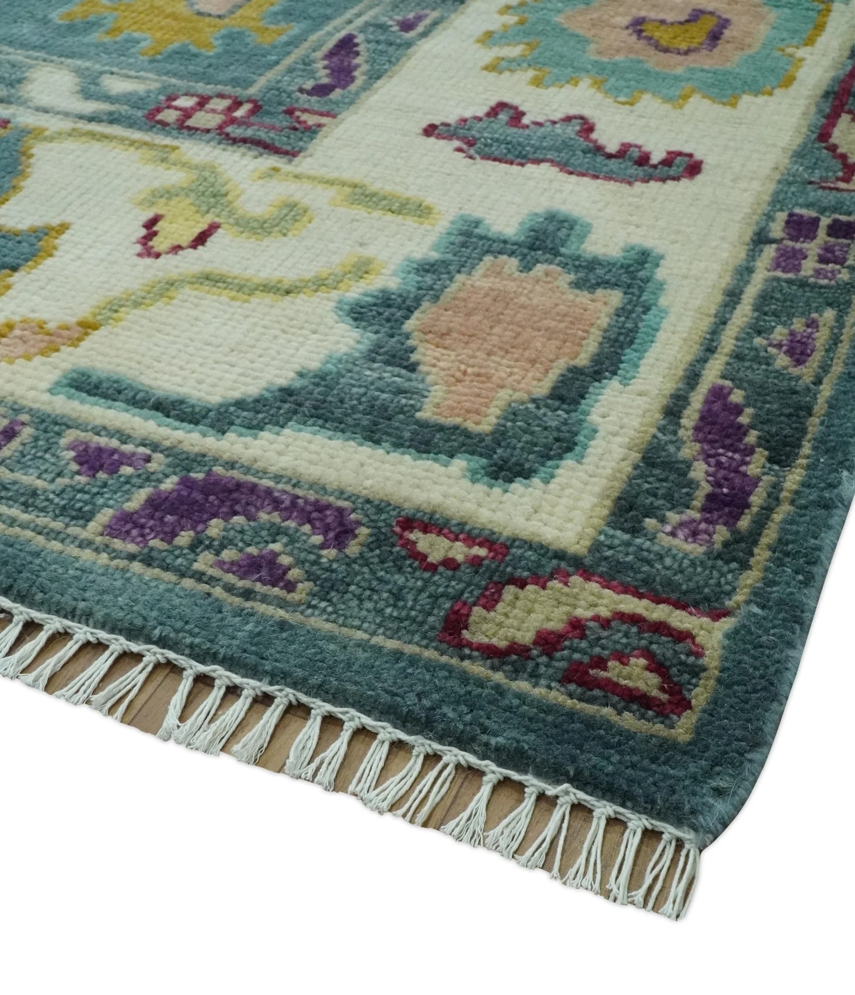 Colorful Teal, Ivory, Purple and Mustard Hand Knotted Traditional Oushak 8x10 wool Area Rug - Image 11