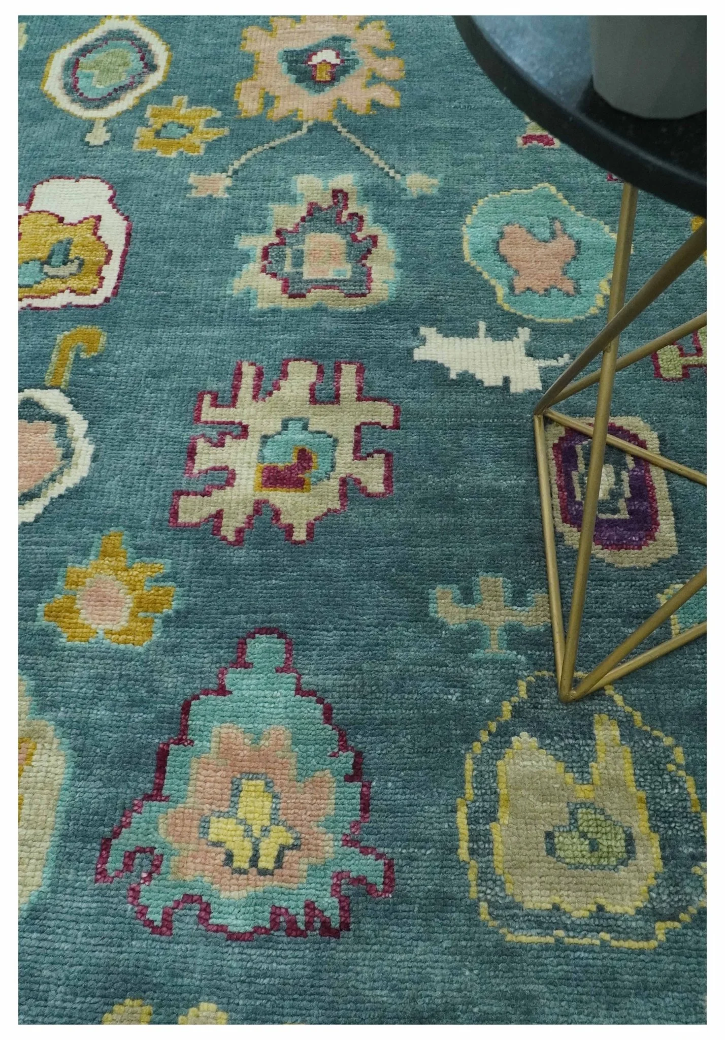 Colorful Teal, Ivory, Purple and Mustard Hand Knotted Traditional Oushak 8x10 wool Area Rug - Image 2