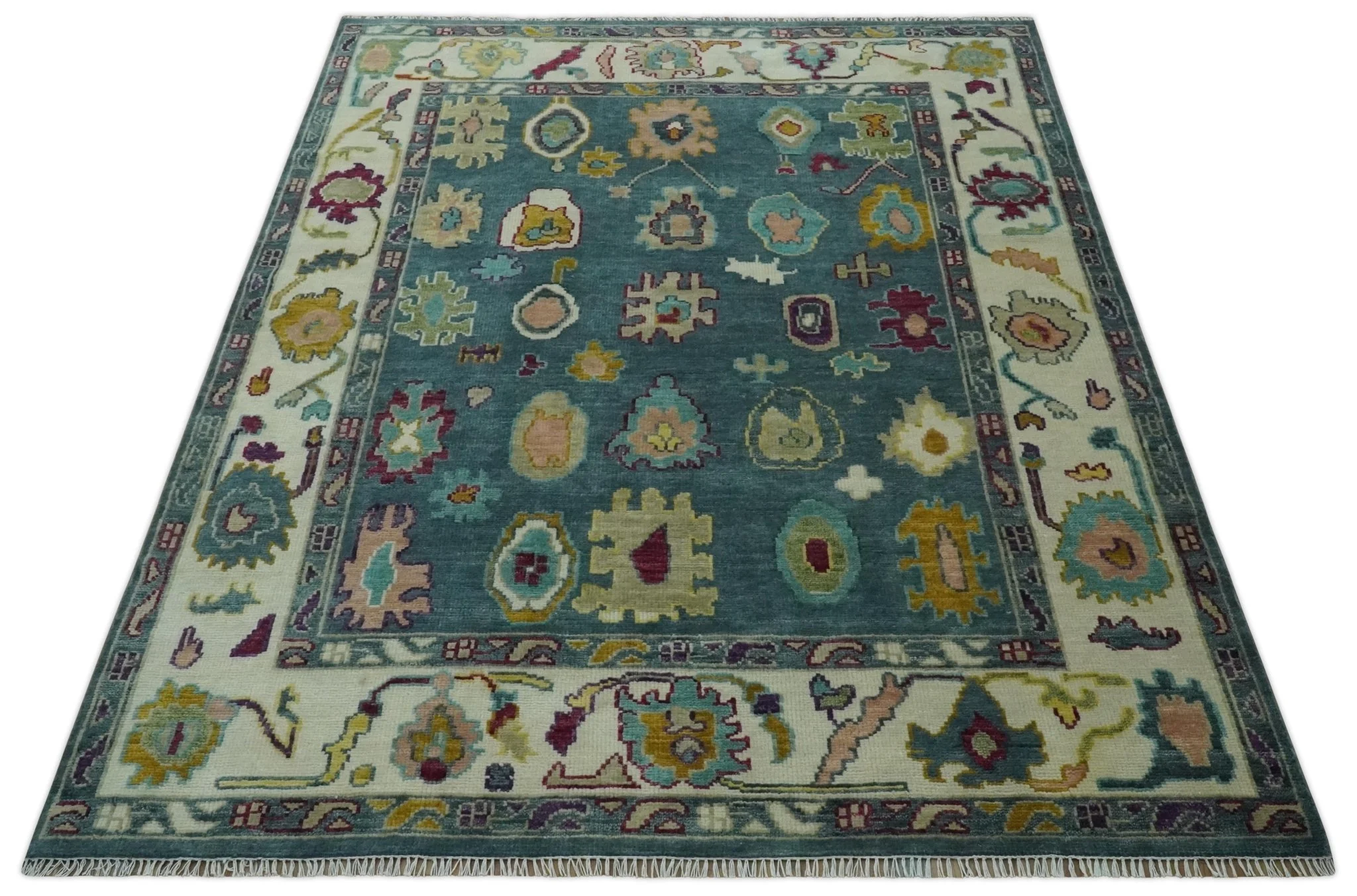 Colorful Teal, Ivory, Purple and Mustard Hand Knotted Traditional Oushak 8x10 wool Area Rug - Image 3
