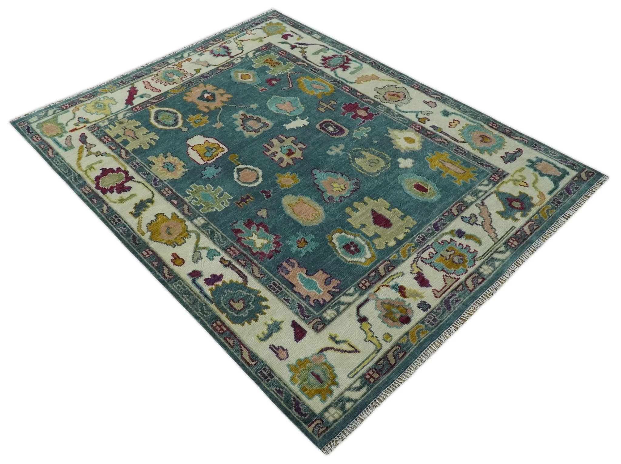 Colorful Teal, Ivory, Purple and Mustard Hand Knotted Traditional Oushak 8x10 wool Area Rug - Image 4