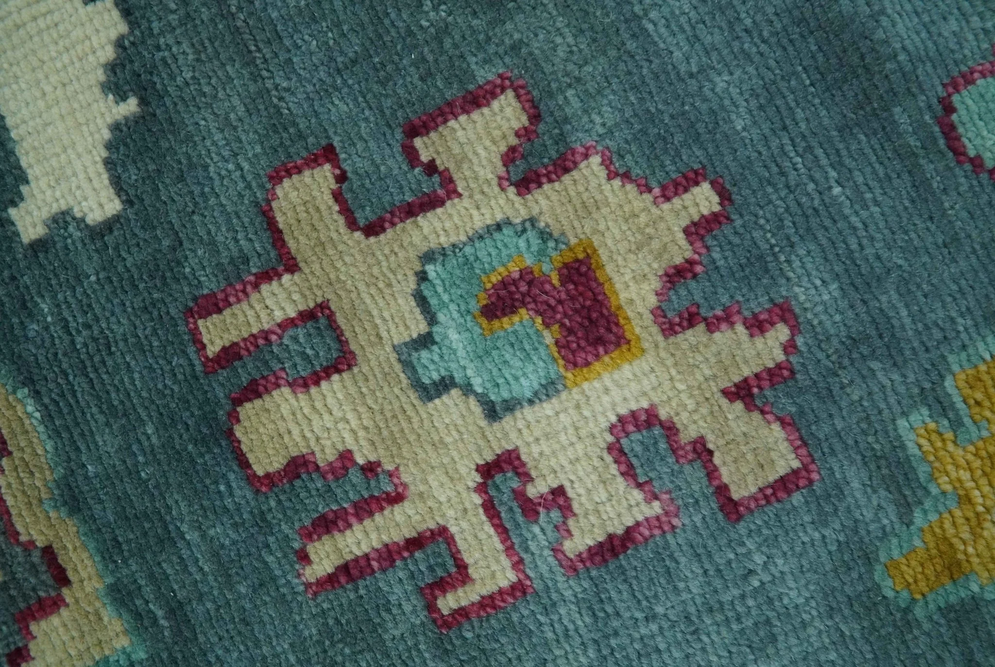 Colorful Teal, Ivory, Purple and Mustard Hand Knotted Traditional Oushak 8x10 wool Area Rug - Image 5