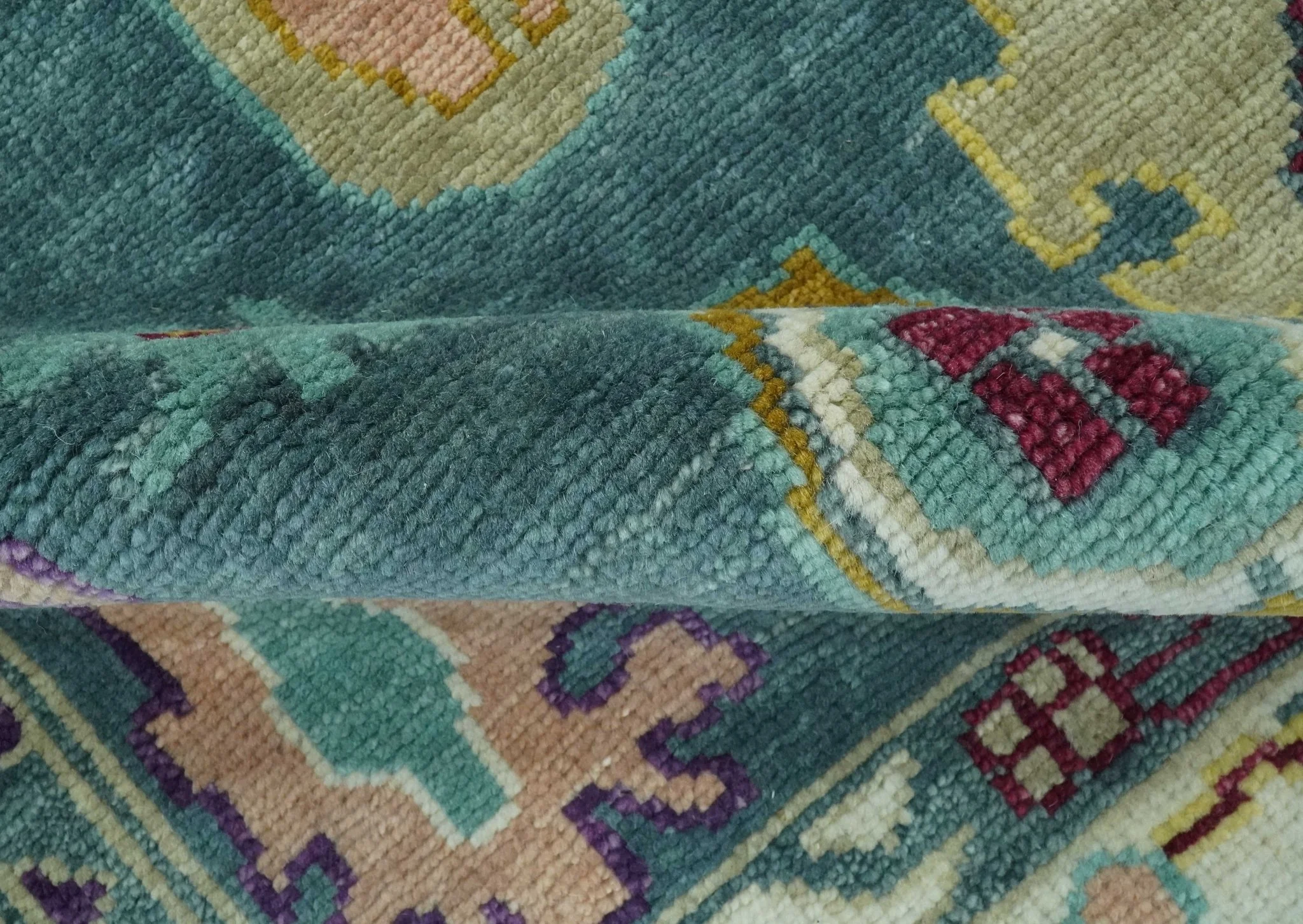 Colorful Teal, Ivory, Purple and Mustard Hand Knotted Traditional Oushak 8x10 wool Area Rug - Image 6