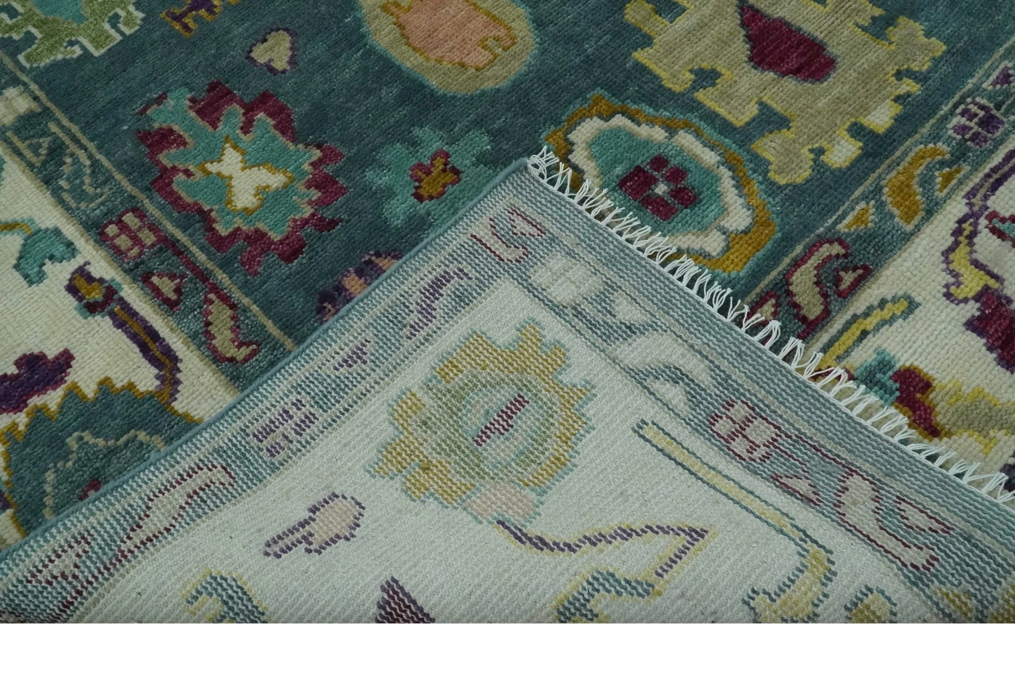 Colorful Teal, Ivory, Purple and Mustard Hand Knotted Traditional Oushak 8x10 wool Area Rug - Image 7