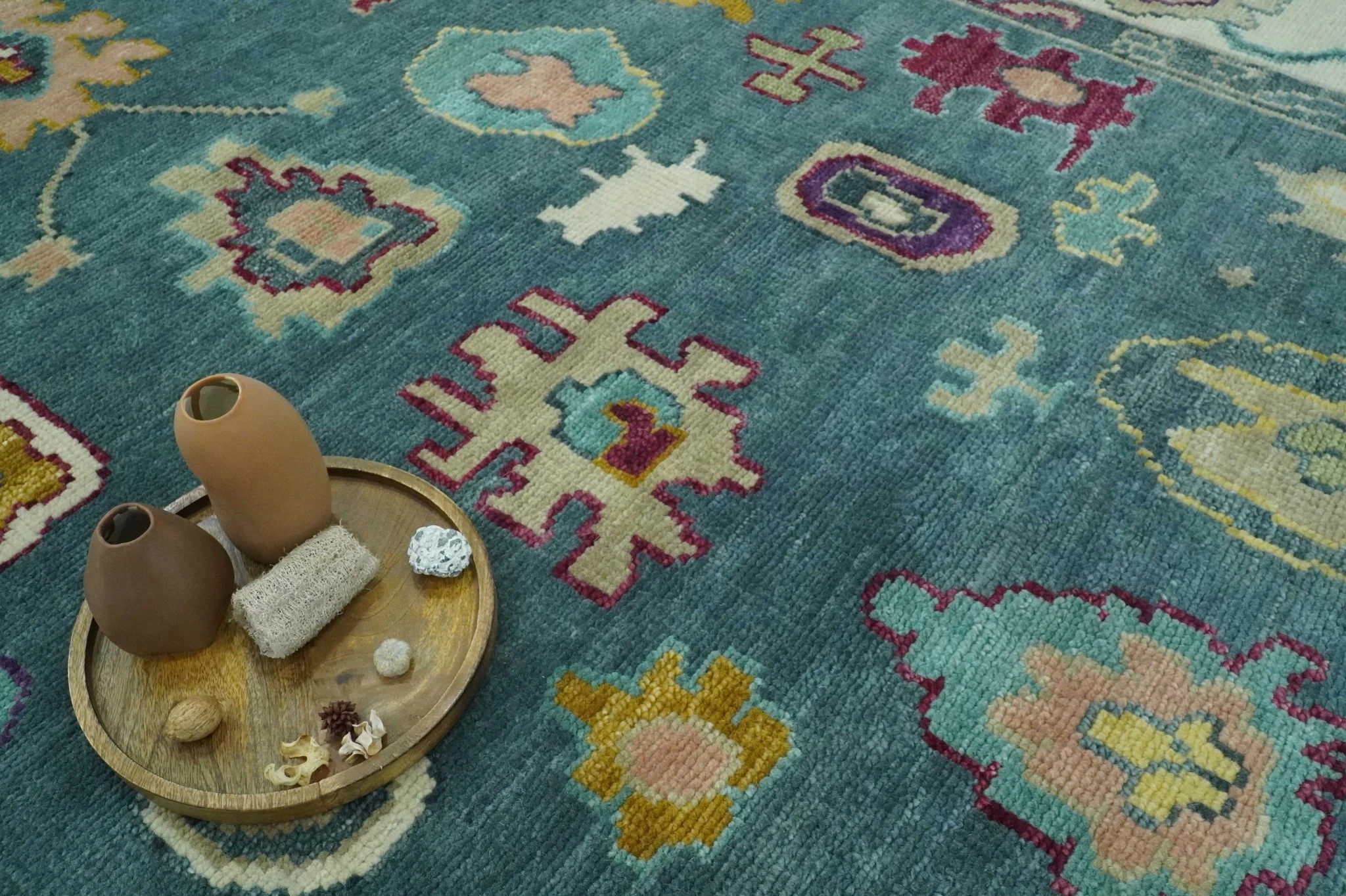 Colorful Teal, Ivory, Purple and Mustard Hand Knotted Traditional Oushak 8x10 wool Area Rug - Image 8