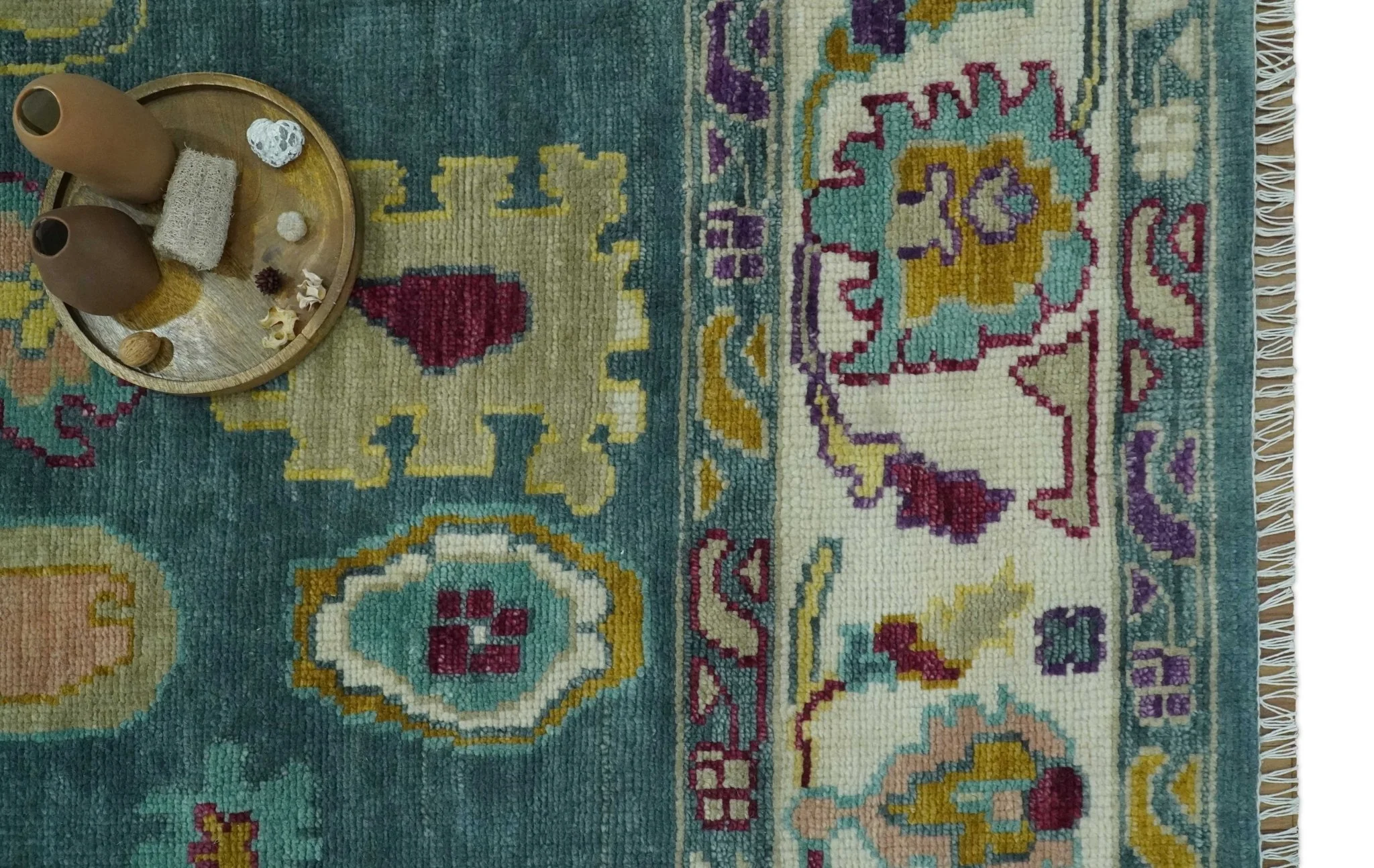 Colorful Teal, Ivory, Purple and Mustard Hand Knotted Traditional Oushak 8x10 wool Area Rug - Image 9