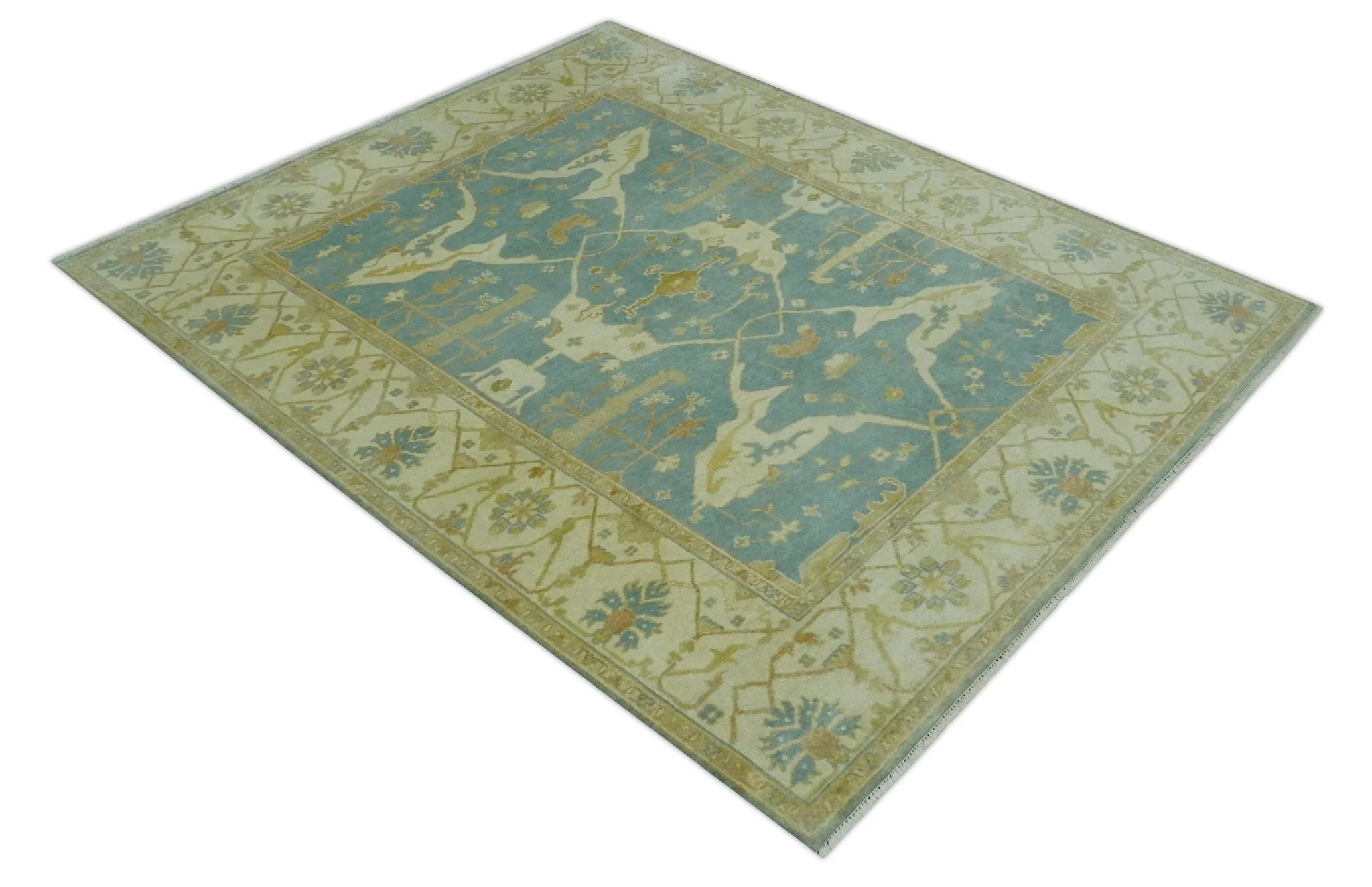 Teal, Olive and Beige Hand Knotted 8x10 Traditional Oriental Oushak wool area rug - Image 10