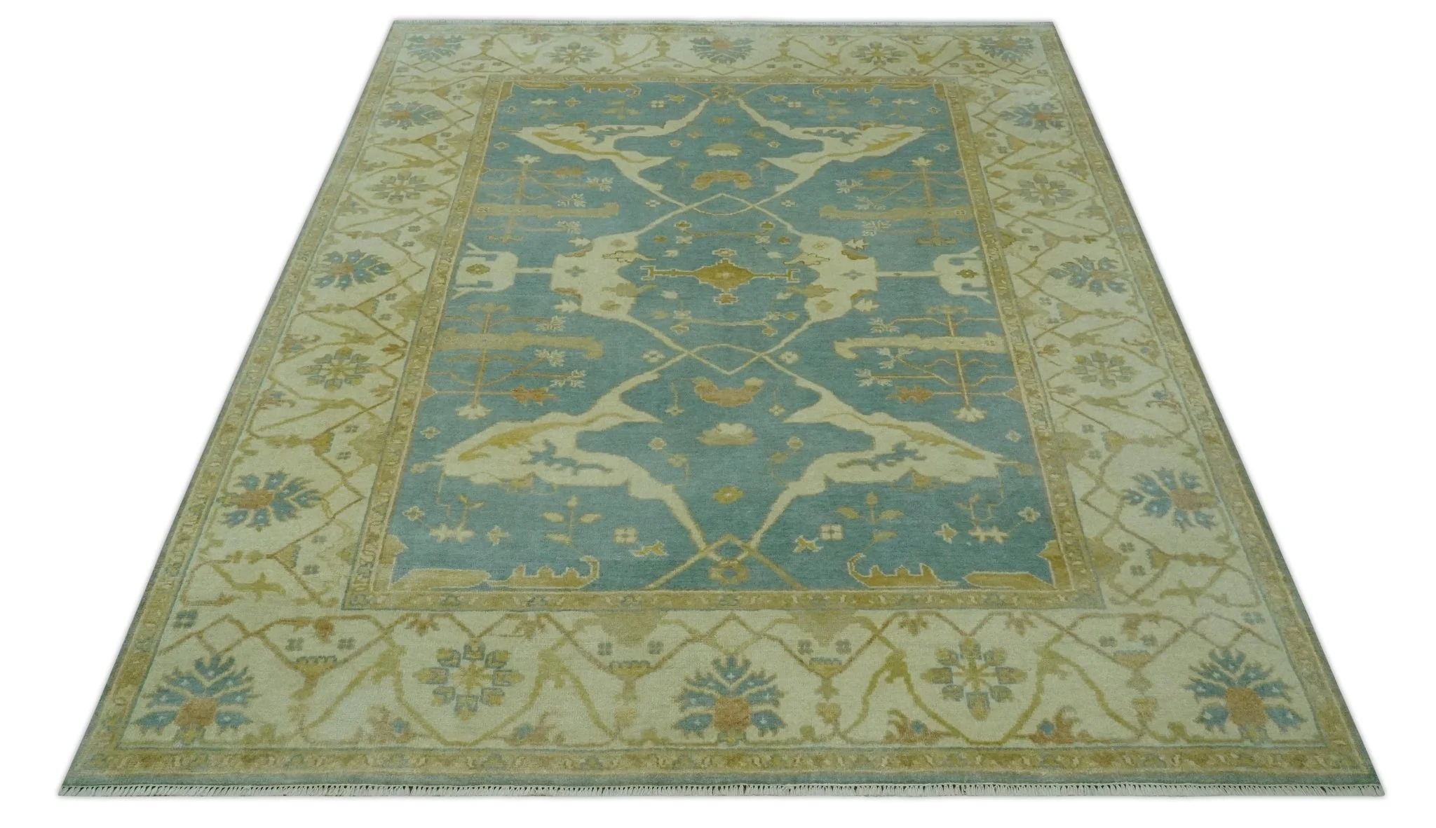 Teal, Olive and Beige Hand Knotted 8x10 Traditional Oriental Oushak wool area rug - Image 11