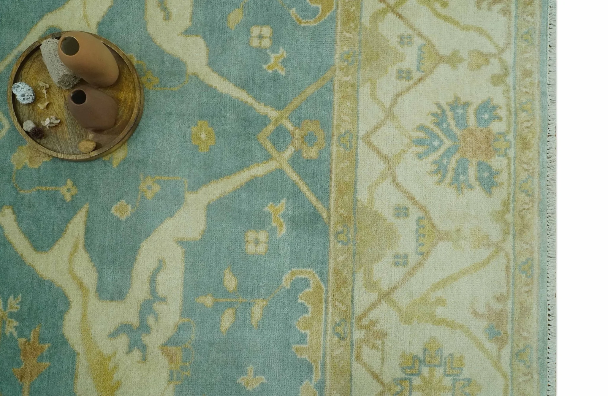 Teal, Olive and Beige Hand Knotted 8x10 Traditional Oriental Oushak wool area rug - Image 12