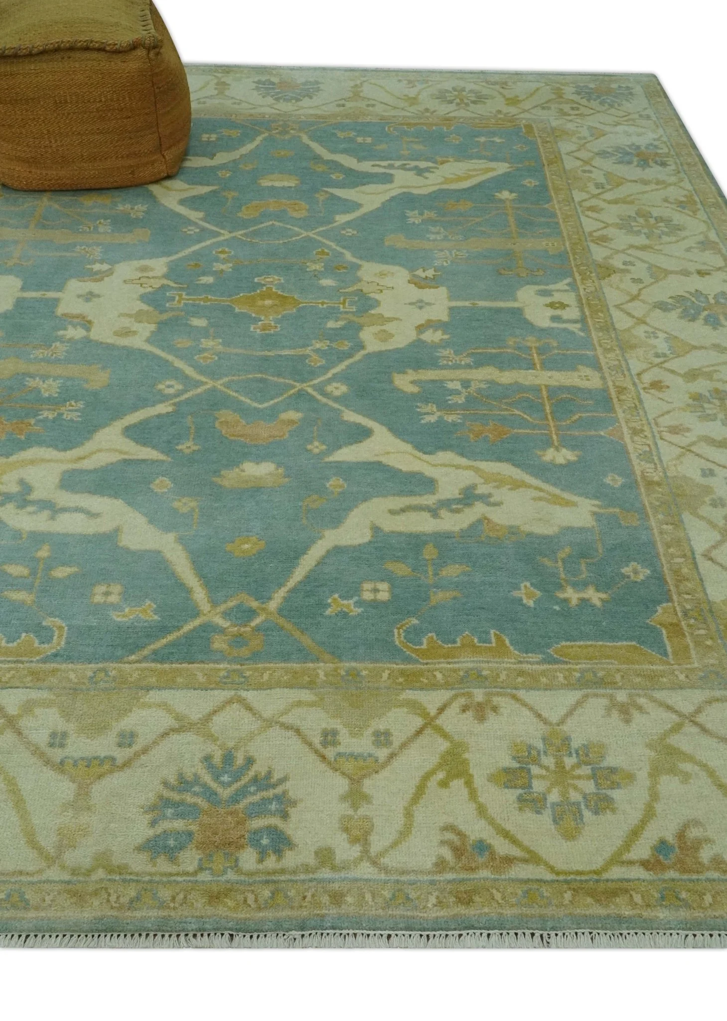 Teal, Olive and Beige Hand Knotted 8x10 Traditional Oriental Oushak wool area rug - Image 3
