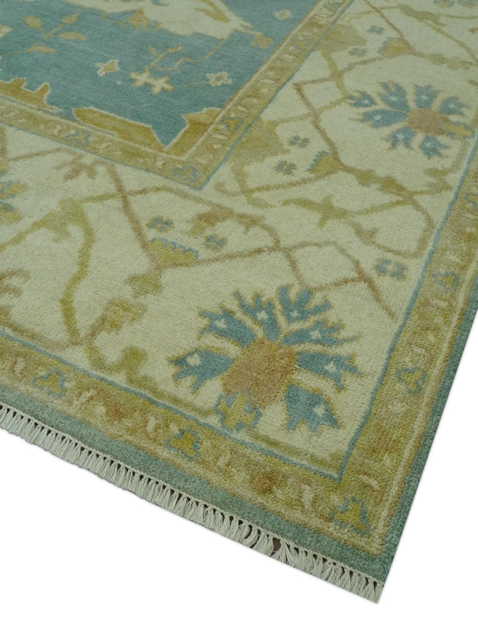Teal, Olive and Beige Hand Knotted 8x10 Traditional Oriental Oushak wool area rug - Image 5
