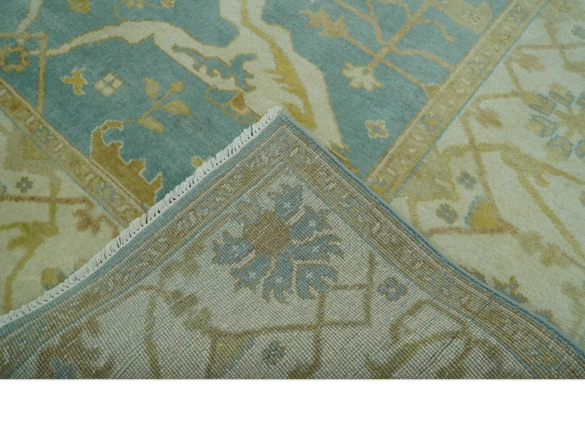Teal, Olive and Beige Hand Knotted 8x10 Traditional Oriental Oushak wool area rug - Image 7
