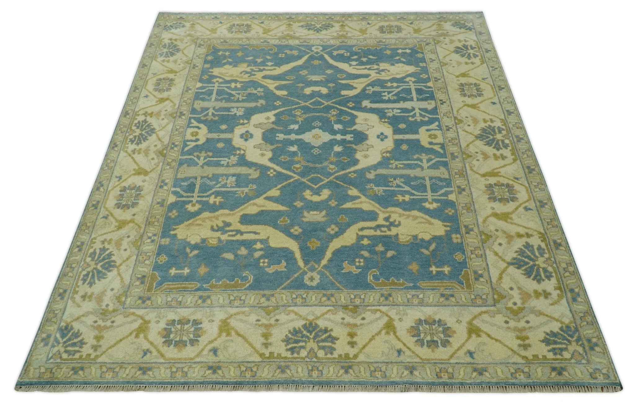 8x10 Teal, Olive and Beige Hand Knotted Traditional Oriental Oushak wool area rug - Image 10