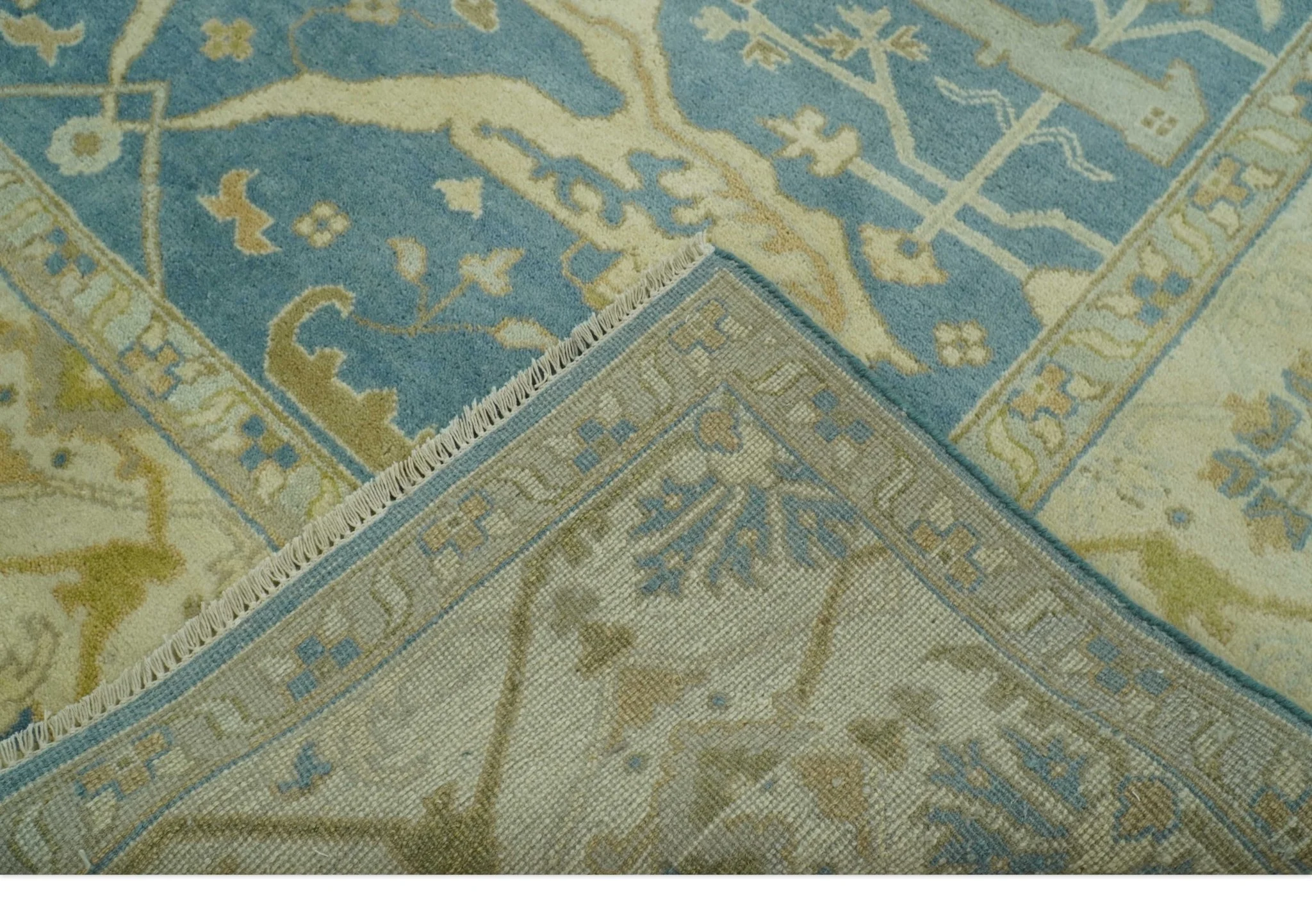 8x10 Teal, Olive and Beige Hand Knotted Traditional Oriental Oushak wool area rug - Image 11