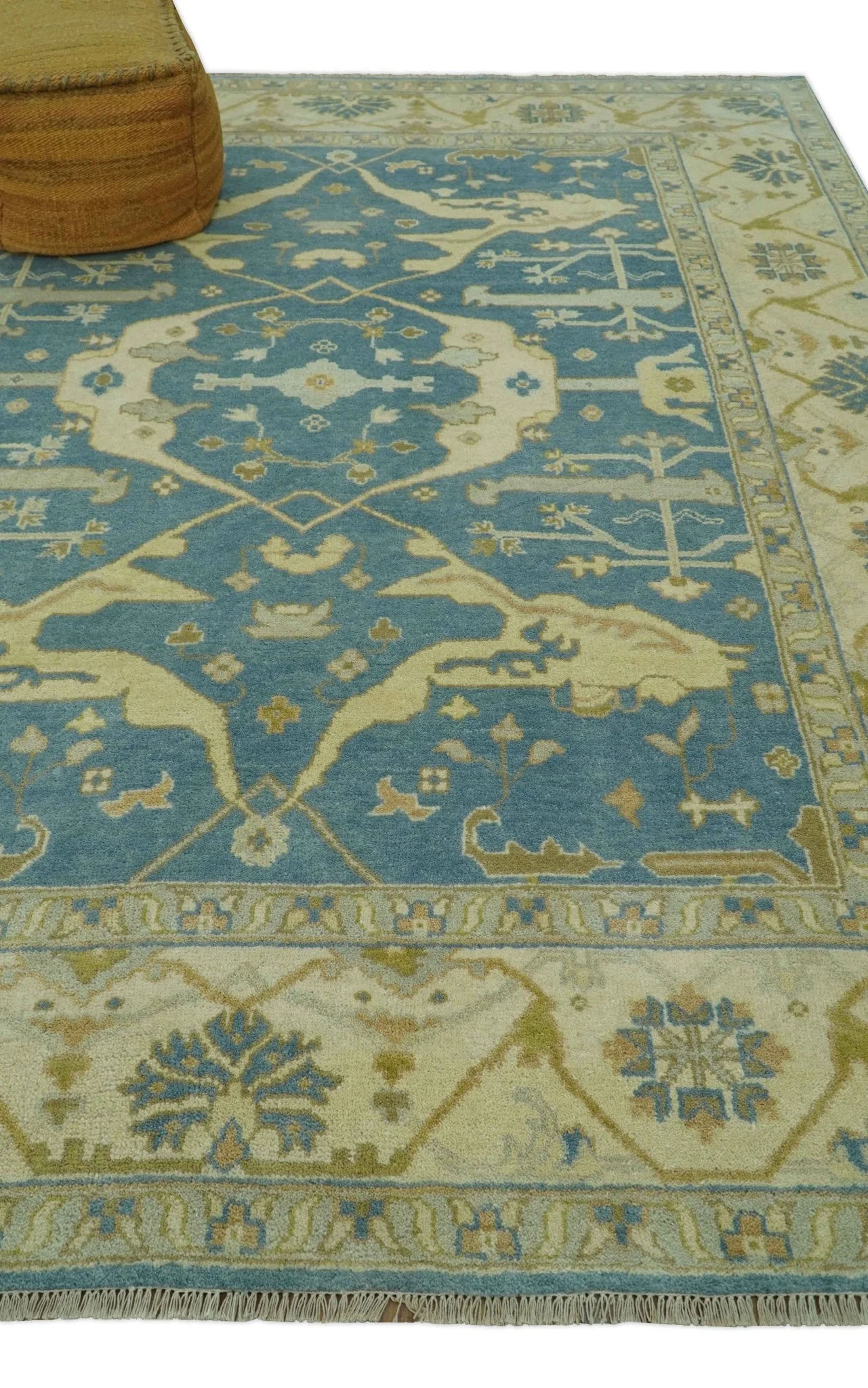 8x10 Teal, Olive and Beige Hand Knotted Traditional Oriental Oushak wool area rug - Image 4